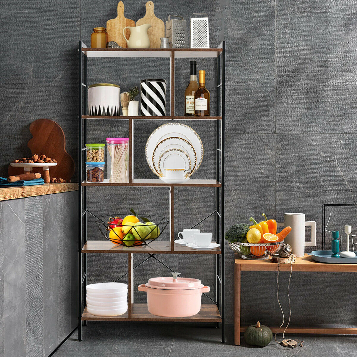 SUGIFT Rustic Brown 4-Tier Industrial Freestanding Bookshelf with Metal Frame