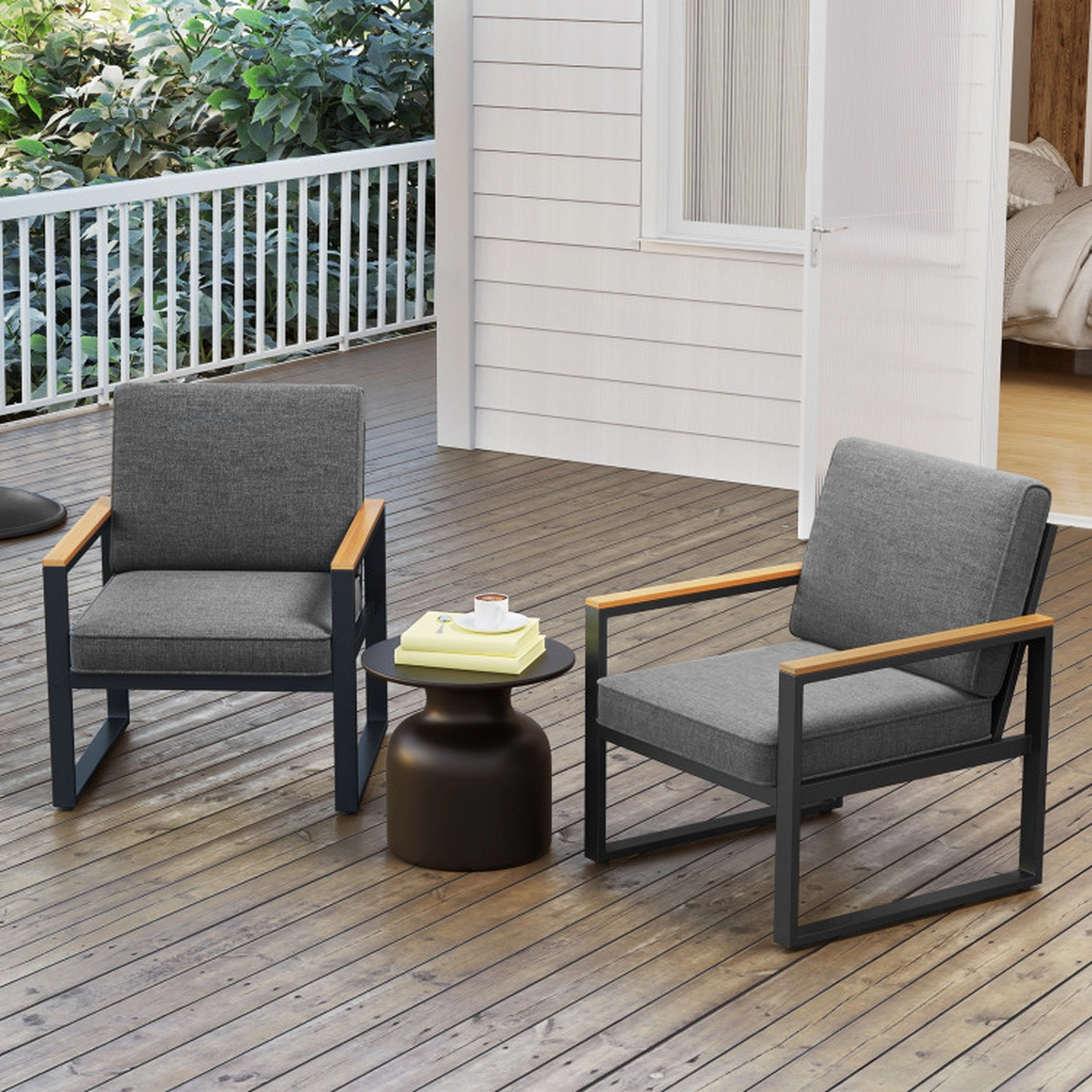 SUGIFT Set of 2 Aluminum Wood-Plastic Armrests Patio Armchairs 28.5-in x 27-in x 29.5-in 400-lb Capacity Gray