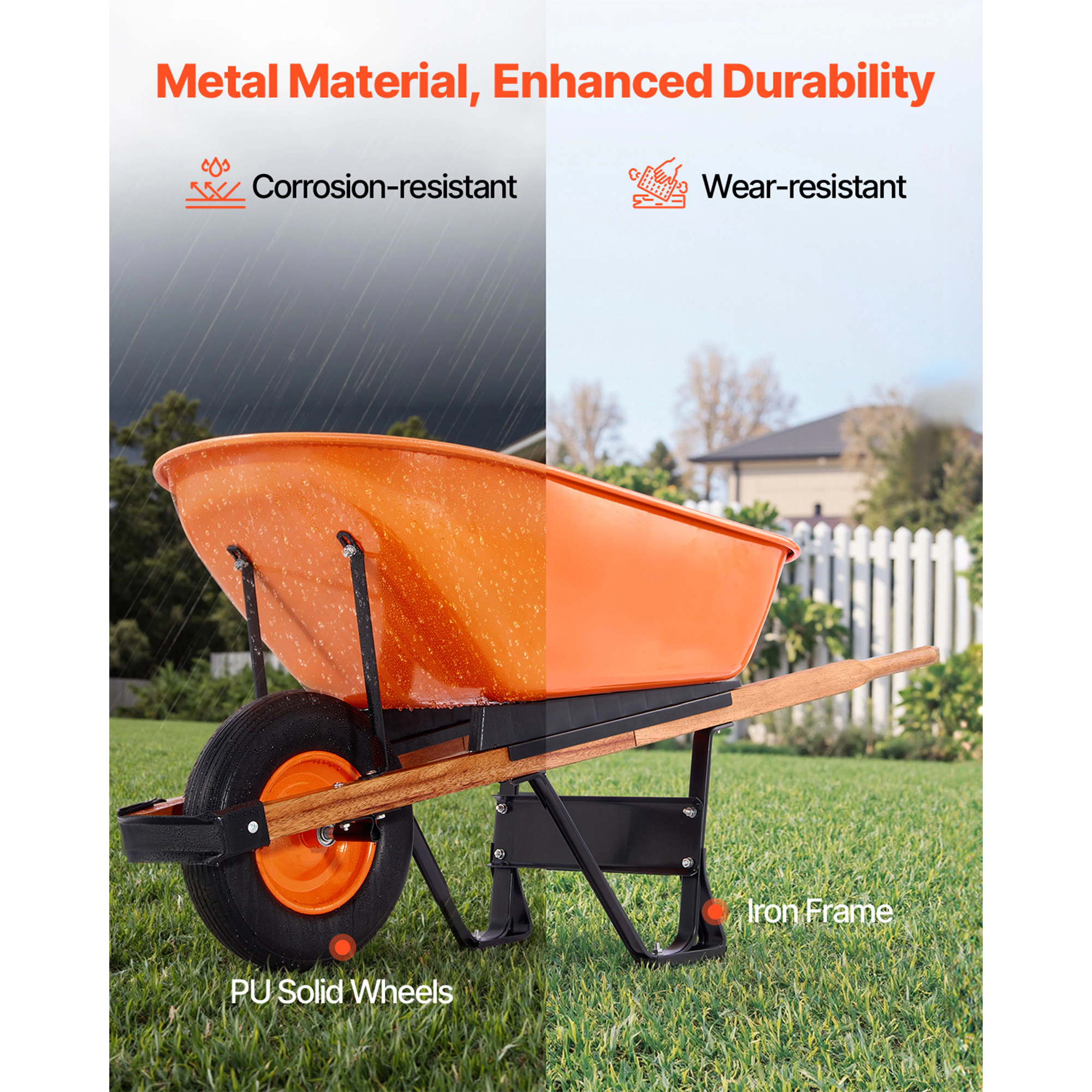 HONGGE Wheelbarrow Cart, Garden Dump Cart Wheel Barrow with Metal Handle & 16 Track Wheels