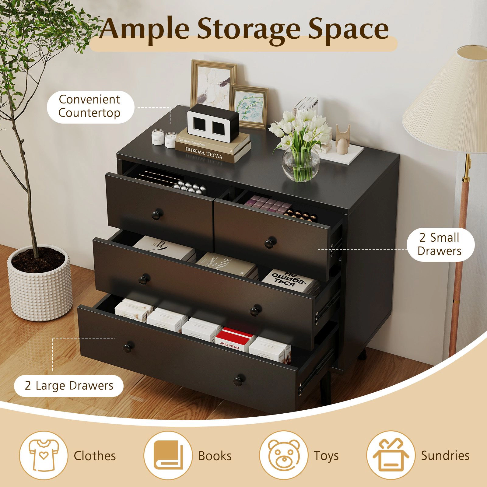 SlickBlue 4-Drawer Wooden Storage Dresser with Wide Countertop