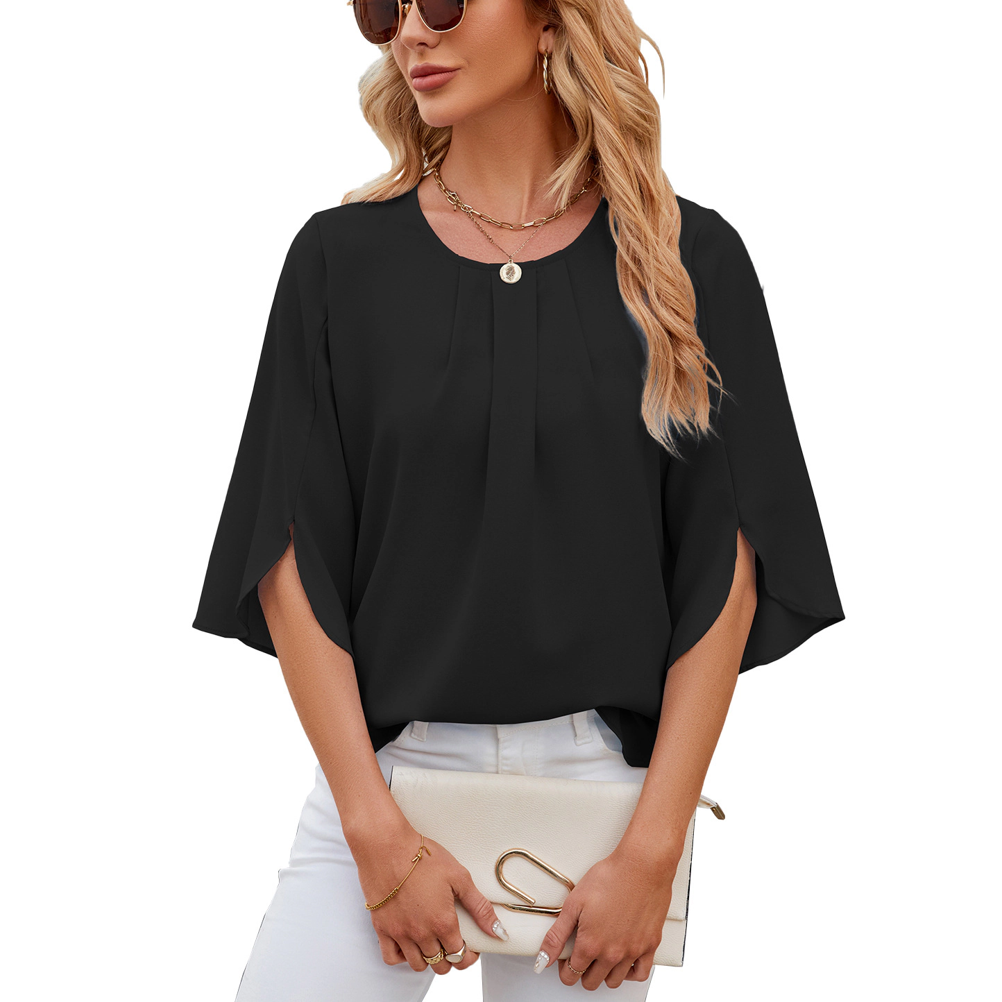 Enchanted Funland Womens Pleated Round Neck Chiffon Split Flutter Sleeve Blouse Tops
