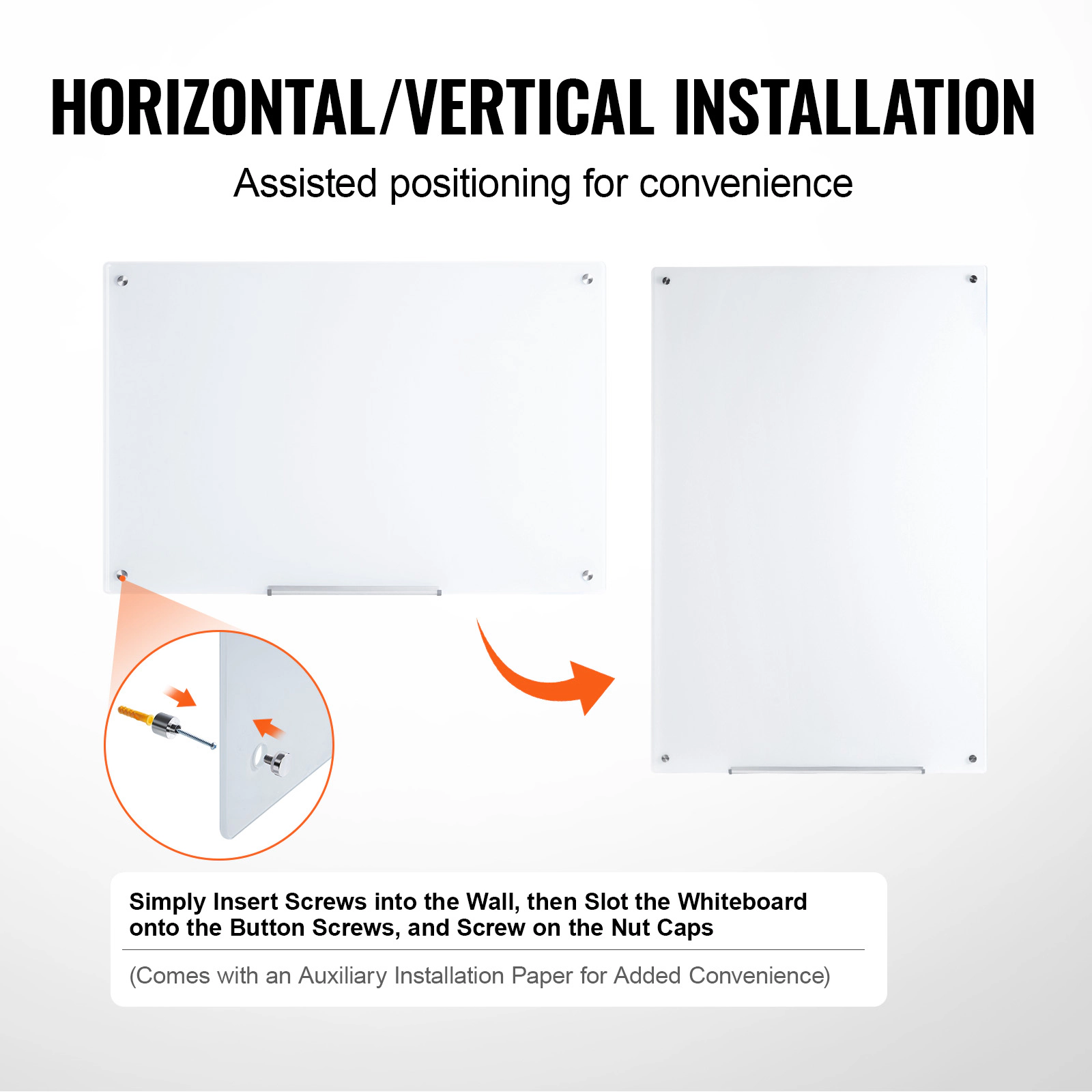 HONGGE 36 x 24 Inch Magnetic Glass Whiteboard, Frameless Wall-Mounted Dry Erase Board with Marker Tray