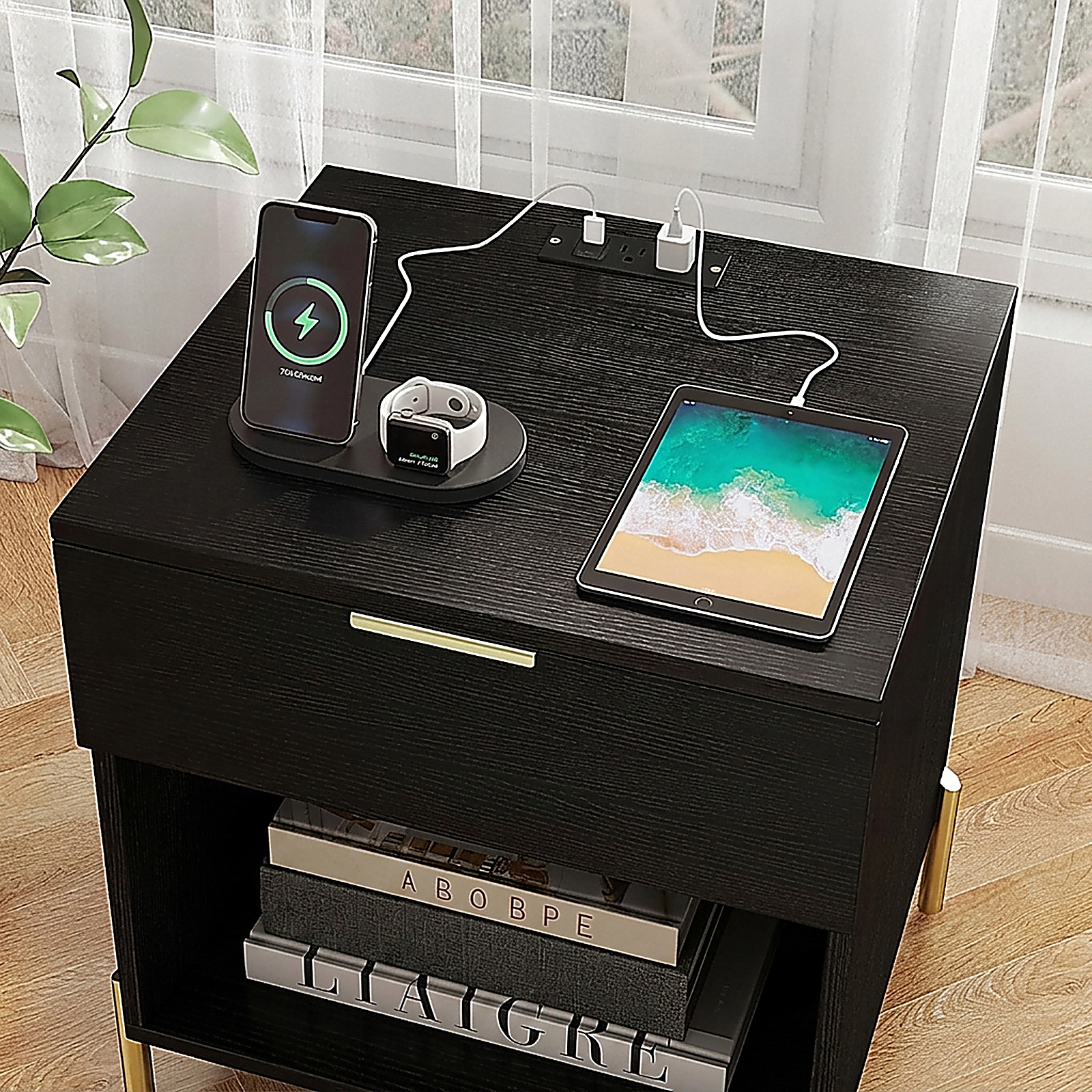 SUGIFT Charging Station Drawer Open Compartment and Metal Legs Modern Nightstand