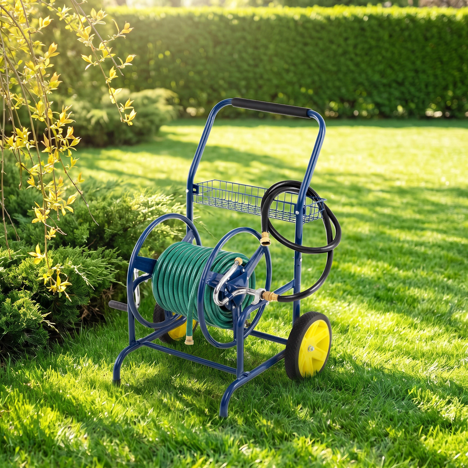 LJG Garden Hose Reel Cart with 2 Wheels and Storage Basket