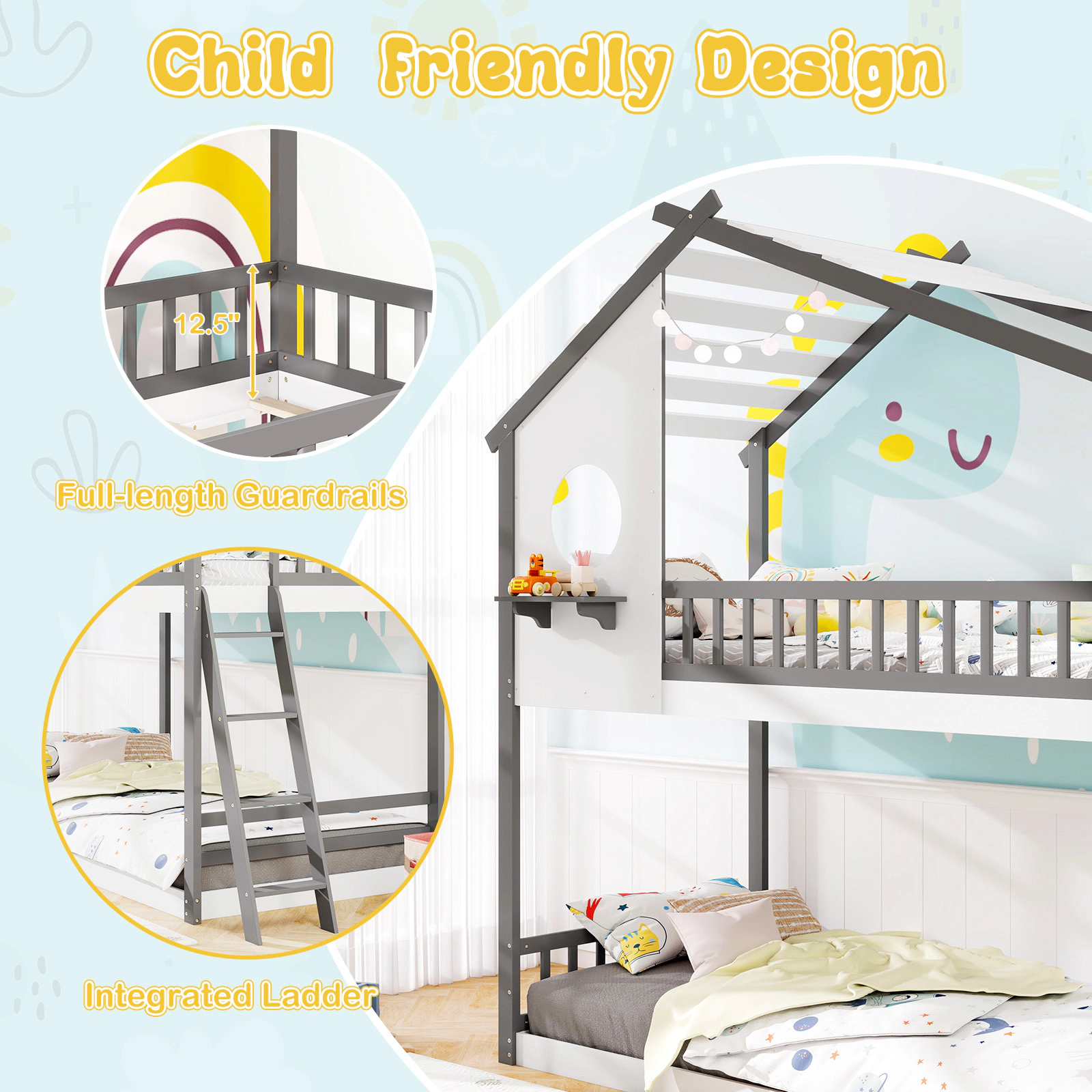 SUGIFT Gray and White Roof Window and Guardrails Twin Over Twin Kids House Bunk Bed