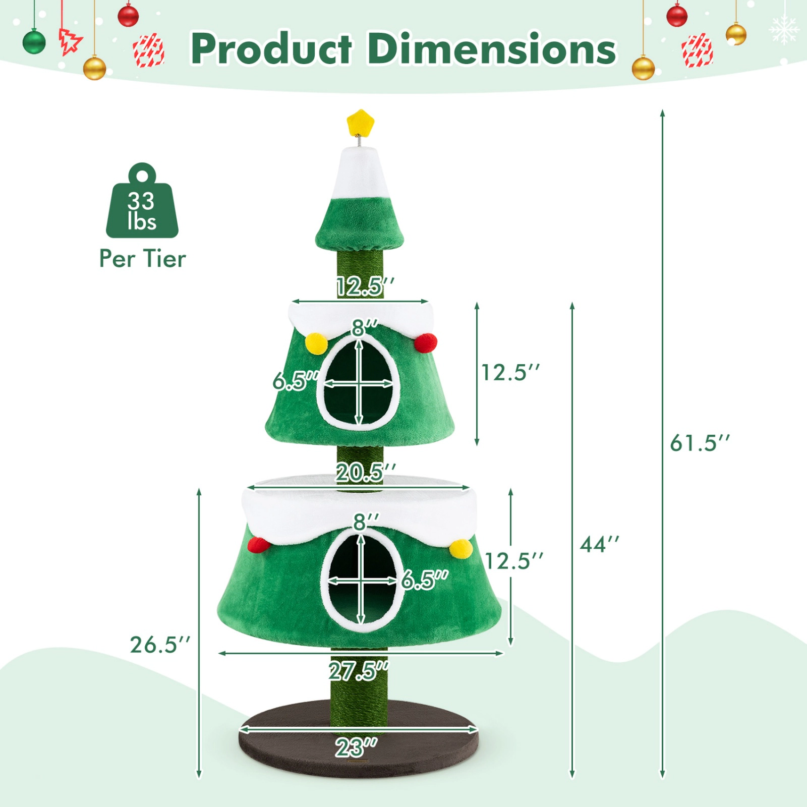 SUGIFT 61.5-in Cat Christmas Tree Tower with 2 Large Condos Star Spring Toy Decorative Spheres & Scratching Posts Green