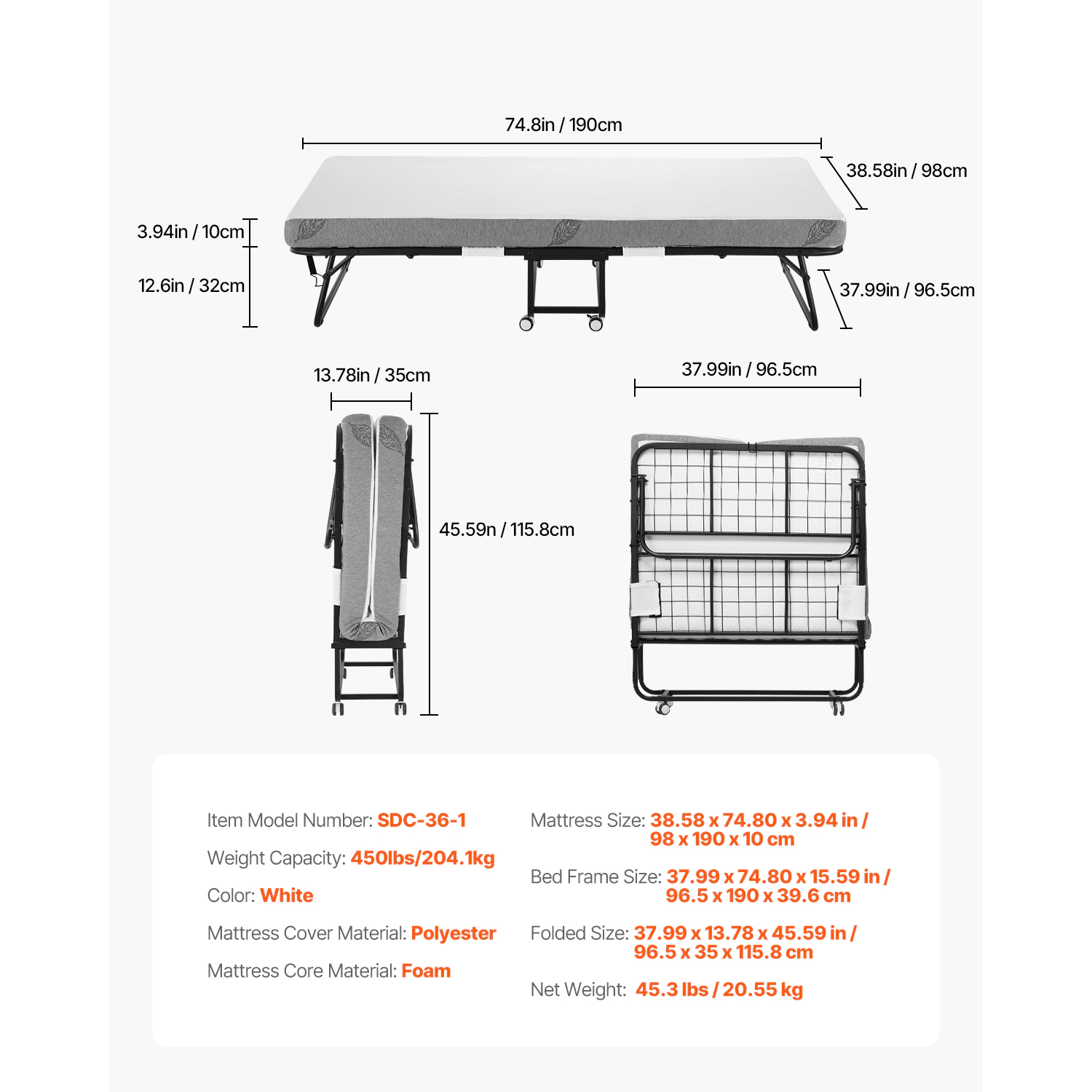 HONGGE Twin Rollaway Bed with 4 in Memory Foam Mattress, Foldable Guest Bed on Wheels, 450 lbs Capacity, 38 x 75 in