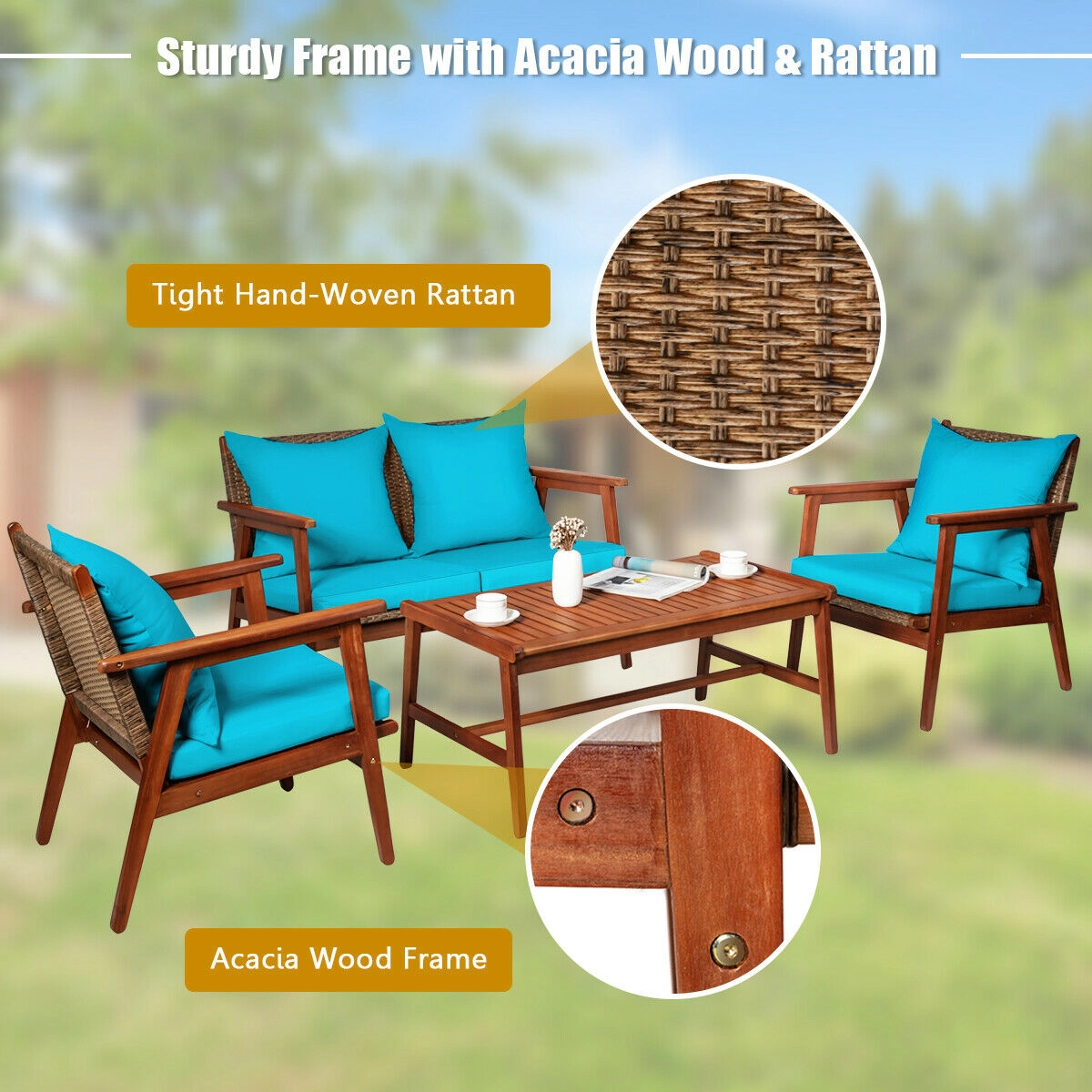 SUGIFT 4-Piece Acacia Wood Rattan Sofa Set with Coffee Table 45-in W Loveseat 710-lb Loveseat Capacity Turquoise