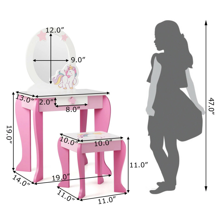 Hivvago Kids Wooden Makeup Dressing Table And Chair Set With Mirror Drawer