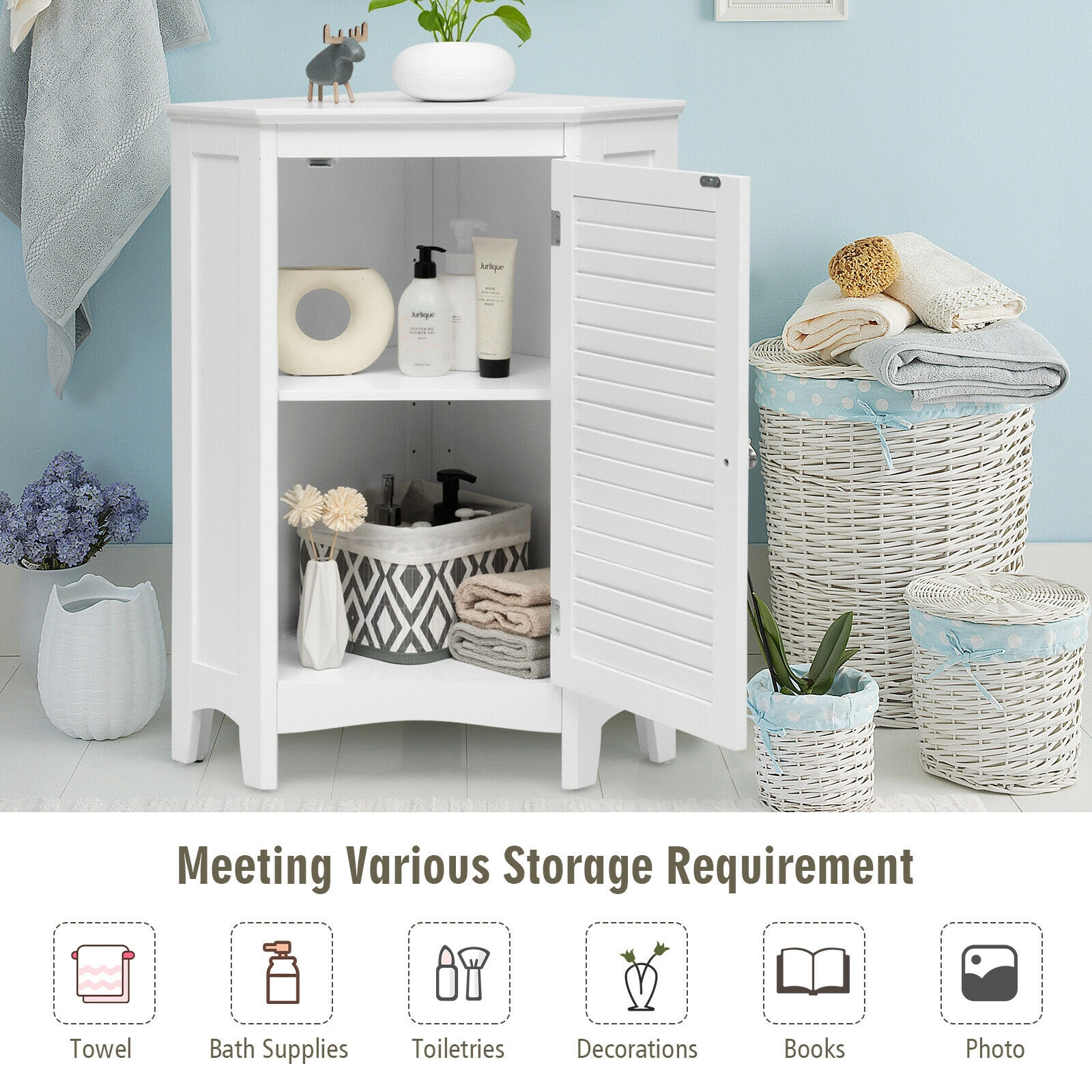SUGIFT White 40-lb Per Shelf Triangular Corner Freestanding Bathroom Storage Cabinet with Shutter Door