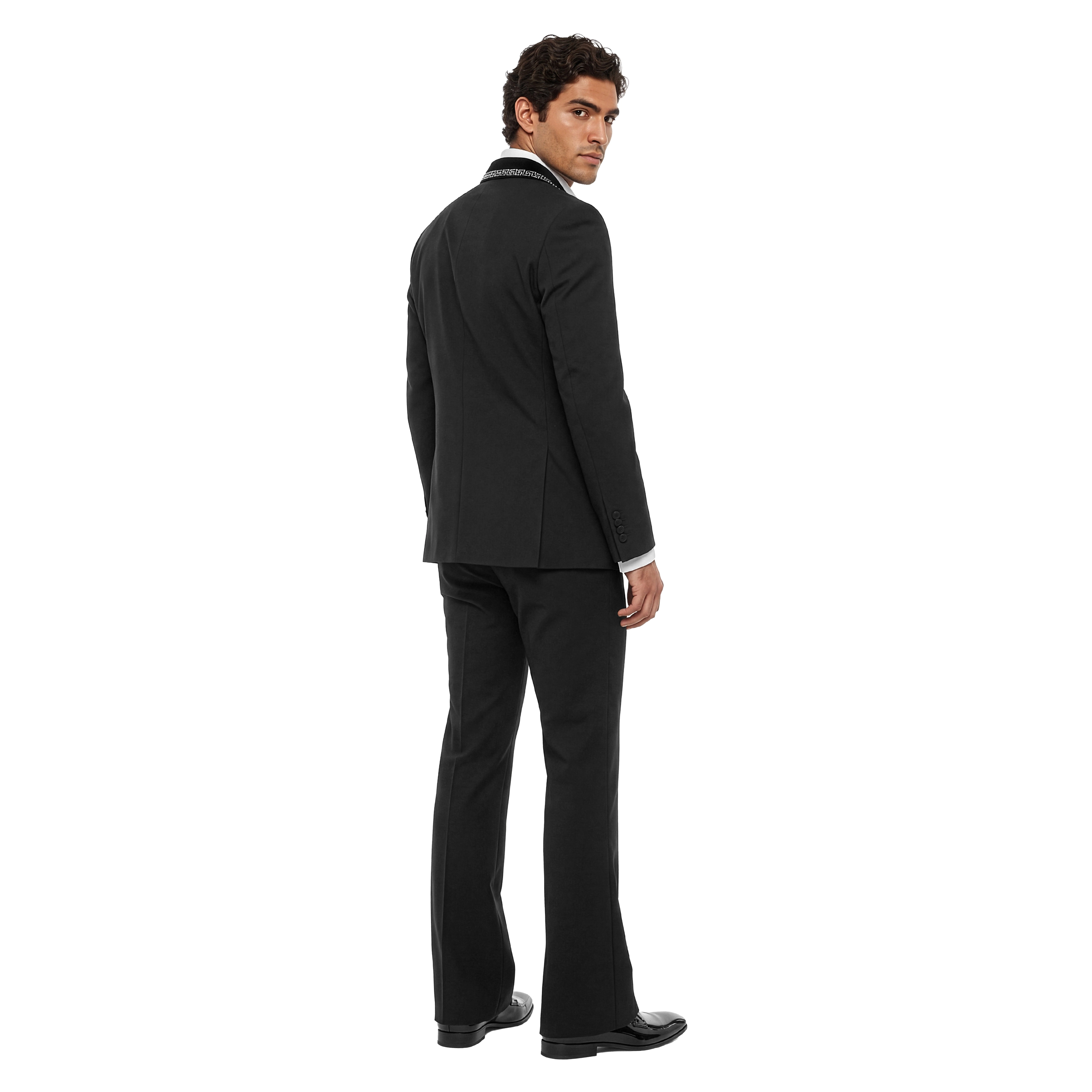 Tazzio Mens Flared Pants Rhinestone Studded Tuxedo Set Shawl Collar 2 Piece, Skinny Fit