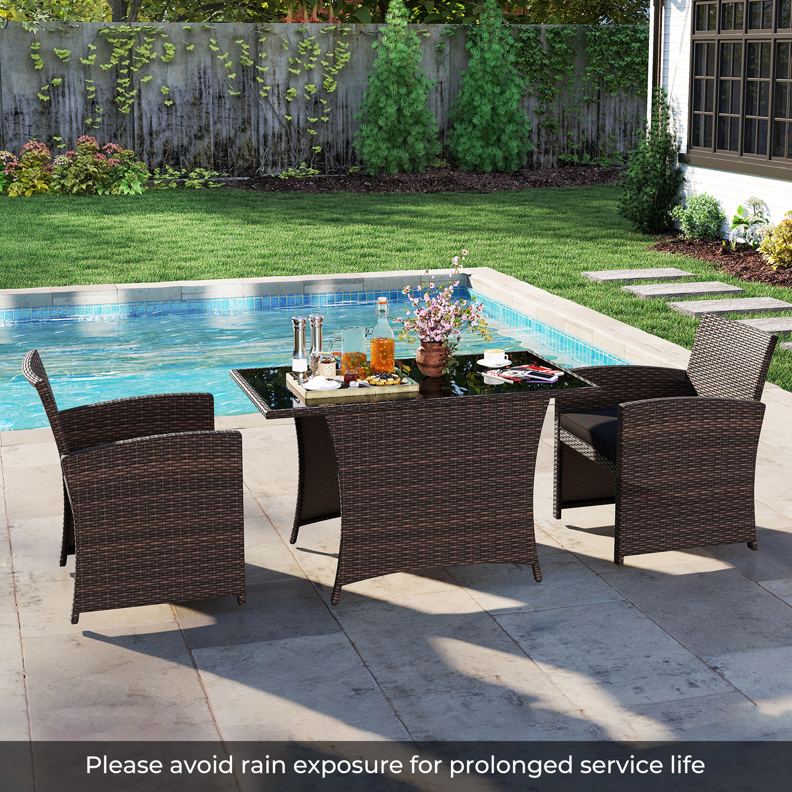 LJG 3 Piece Patio Wicker Dining Set with Rectangle Tempered Glass Table