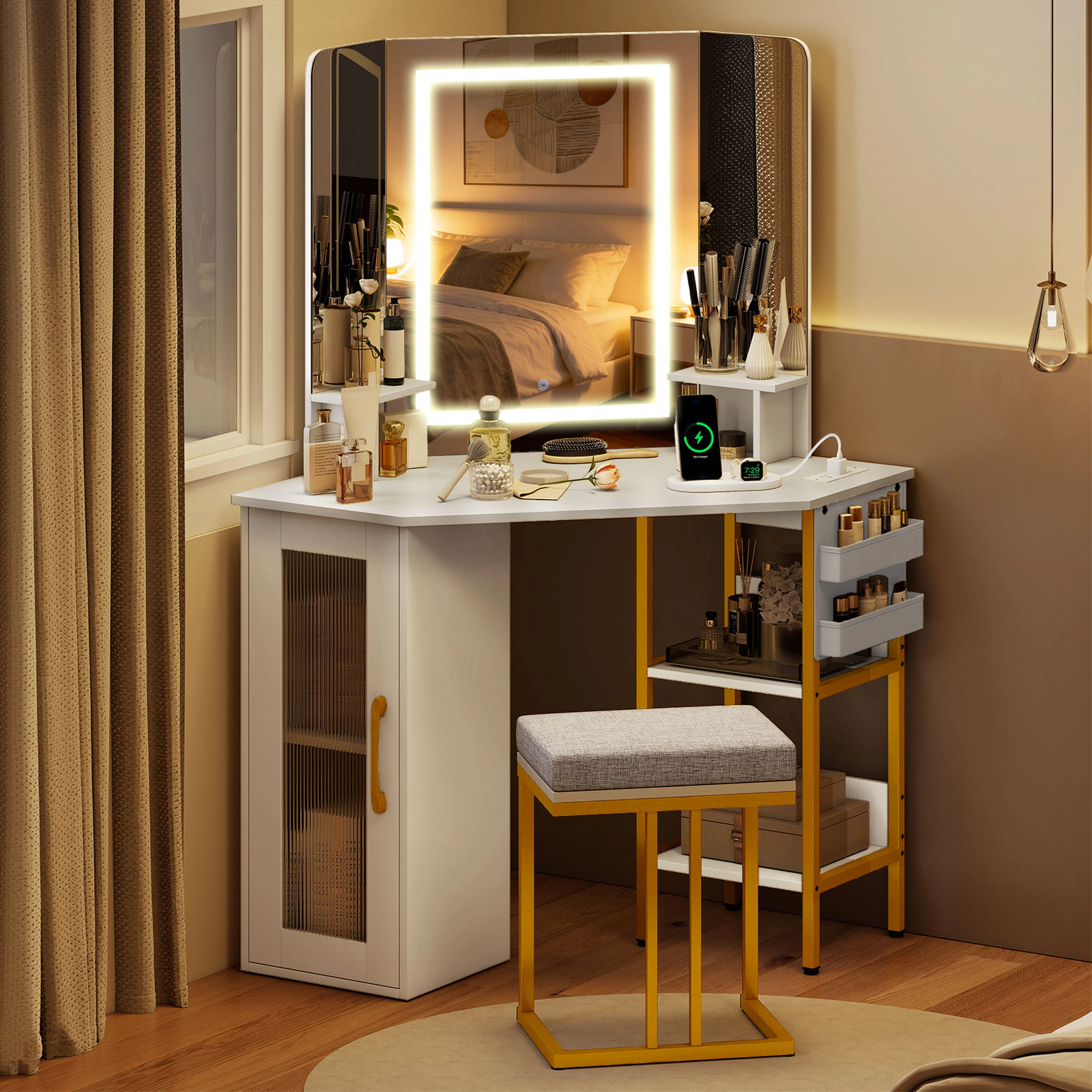 SUGIFT White Triple Lighted Mirror Charging Station and Cushioned Stool Corner Vanity Desk