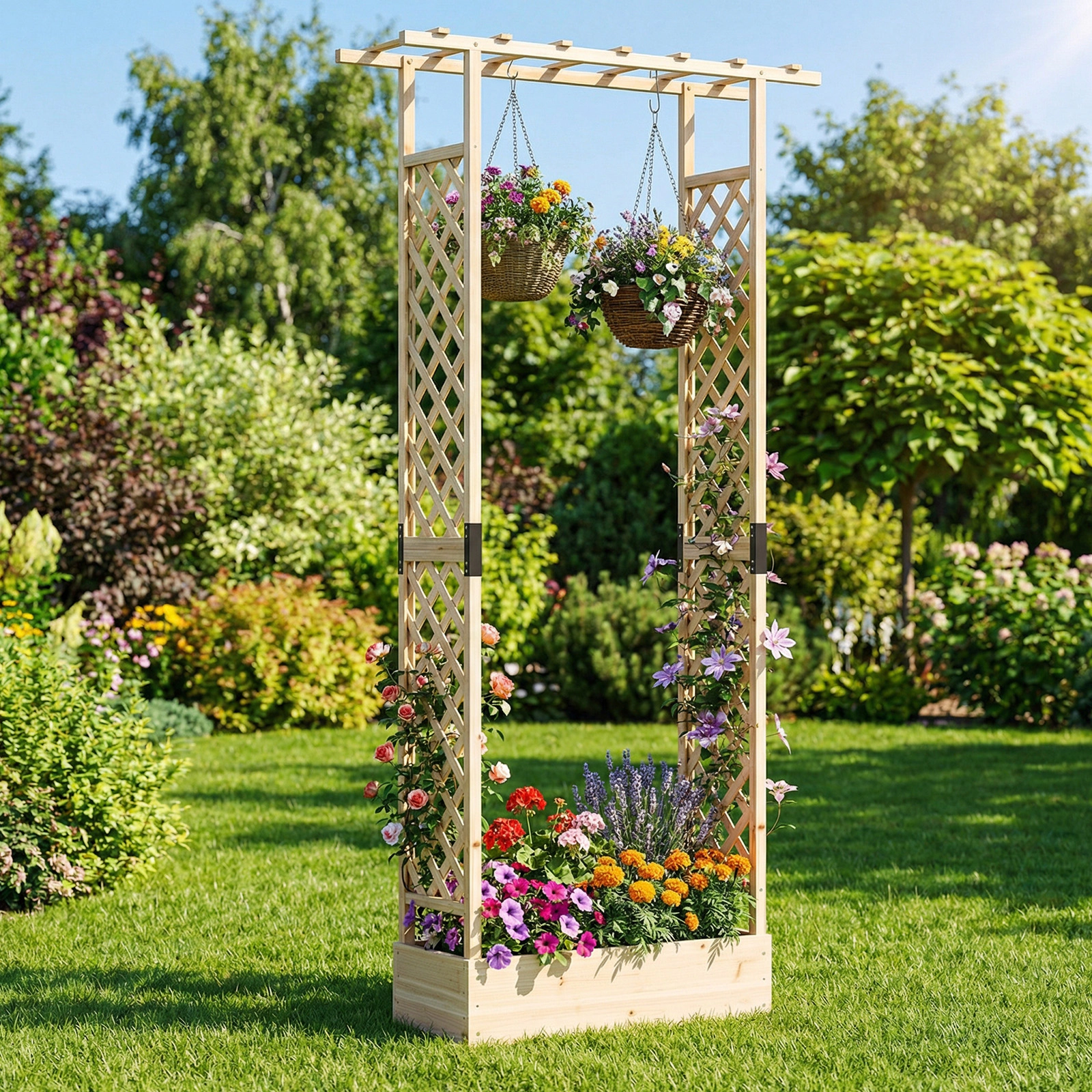 LJG Inch Tall Wooden Raised Garden Bed with Side Trellis and Hanging Roof Drainage Holes