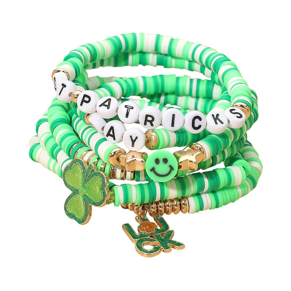 FASHNZFAB 6PCS - LUCK Charm Smile Face Clover ST PATRICKS DAY Heishi Beaded Stretch Multi Layered Bracelets