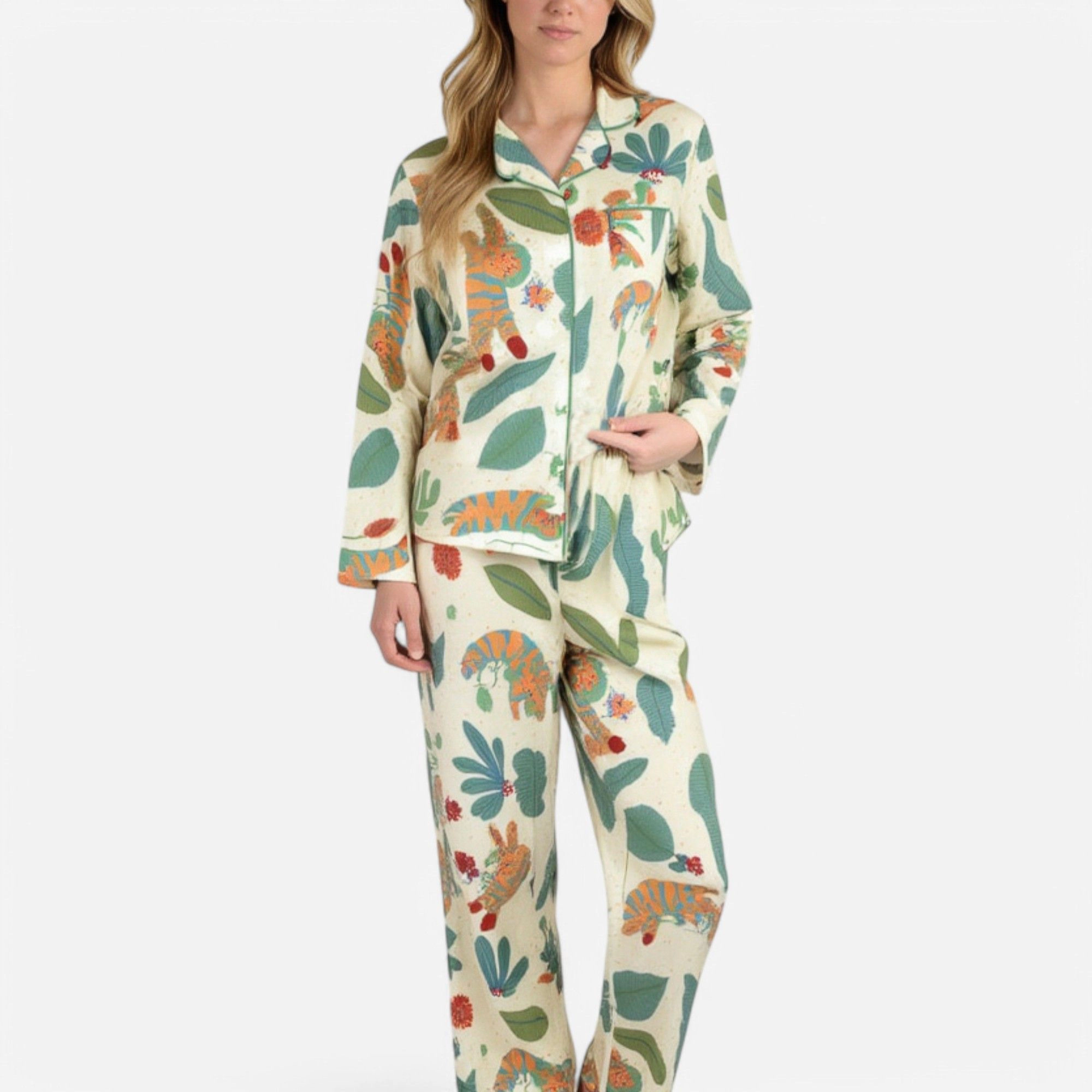 Anna-Kaci Women's Long Sleeve Button Up Jungle Print Pajama Set with Chest Pocket and Matching Pants