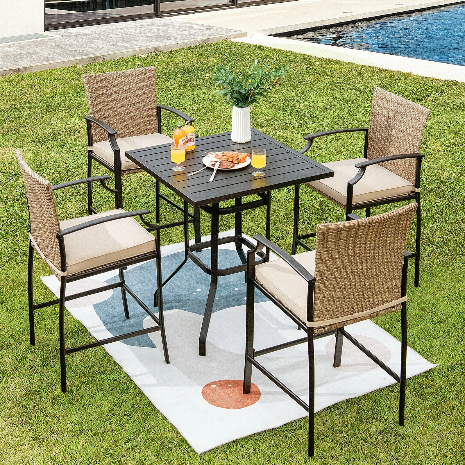 SUGIFT Set of 4 Armrests High Backrest and 2-in Cushions Patio Rattan 330-lb Rated Bar Stools Beige
