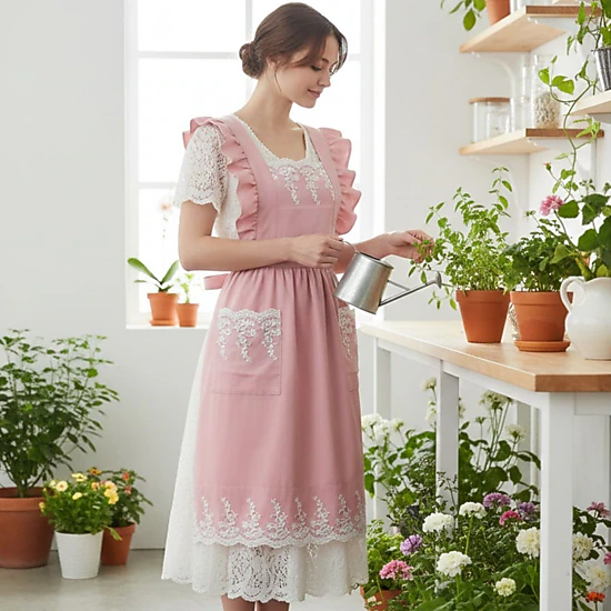 Alilang Unisex Lace Trim Ruffle Kitchen Apron with Embroidered Bib Detail Dual Front Pockets and Adjustable Waist Ties