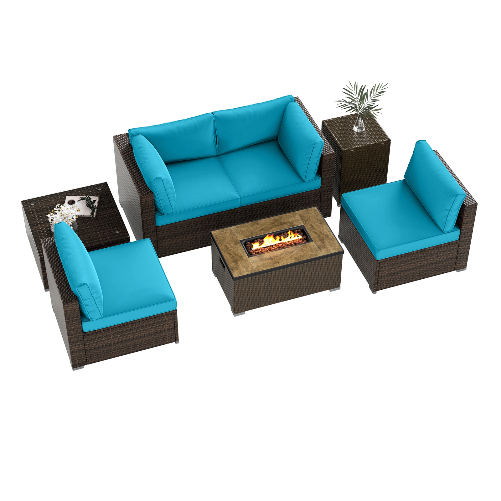 SUGIFT 9-Piece Gray Patio Wicker Sectional Set with 50000-BTU Fire Pit Table 35-in W 330-lb Tabletop Capacity