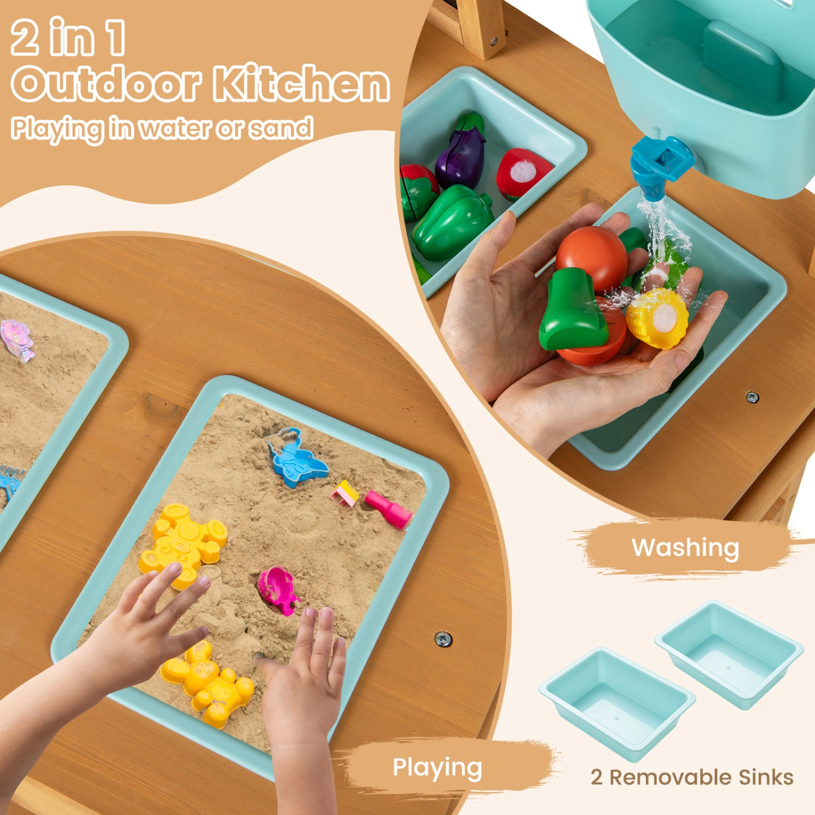SUGIFT Natural Chalkboard 2 Removable Sinks and Garden Tools Outdoor Kids Wooden Play Kitchen