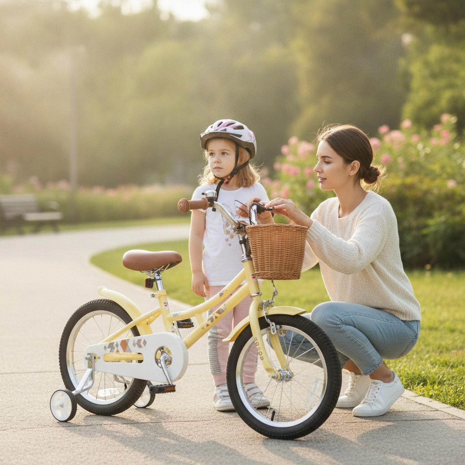 16-in Kids Bike Training Wheels Adjustable Seat Handbrake Coaster Brake Bicycle Basket Bell Reflectors Ages 4-7 Yellow