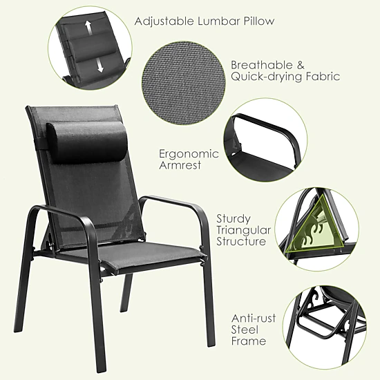 SUGIFT Black Adjustable Backrest Chairs and Glass Table 3-Piece Patio Bistro Set