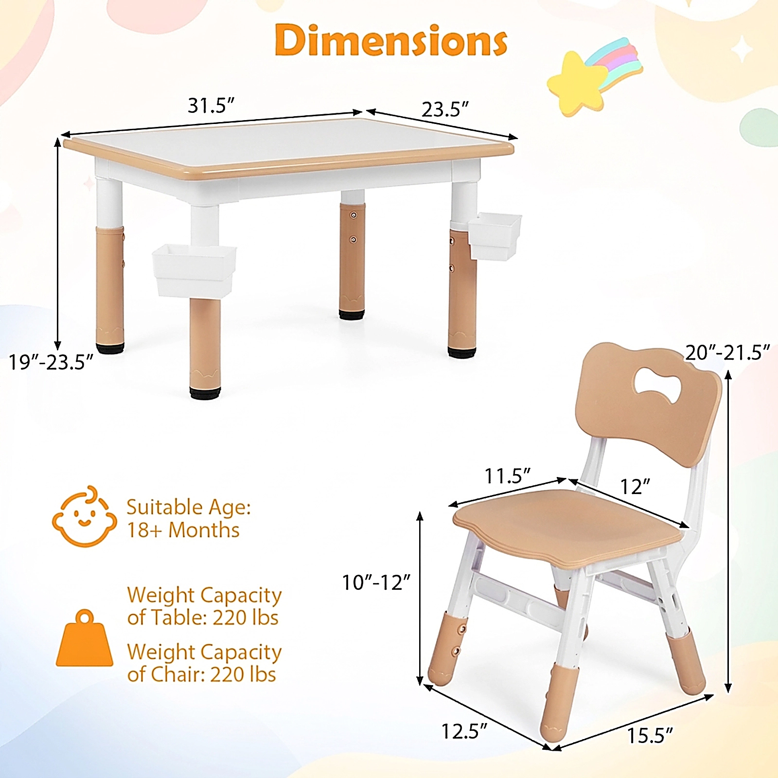 SUGIFT Height Adjustable Kids Table & Chairs Set Graffiti Desktop & 2 Storage Baskets 220-lb Capacity Ages 18+ Months