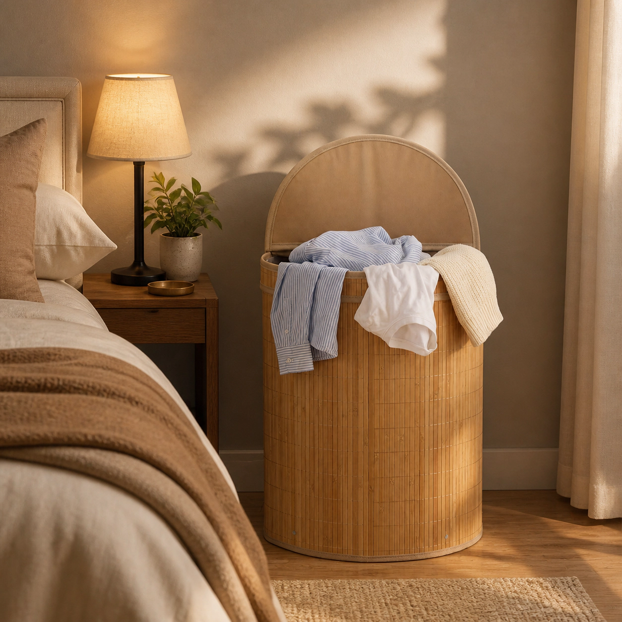 SUGIFT Natural 19-gal Foldable Bamboo Laundry Hamper with Zippered Lid and Detachable Washable Liner
