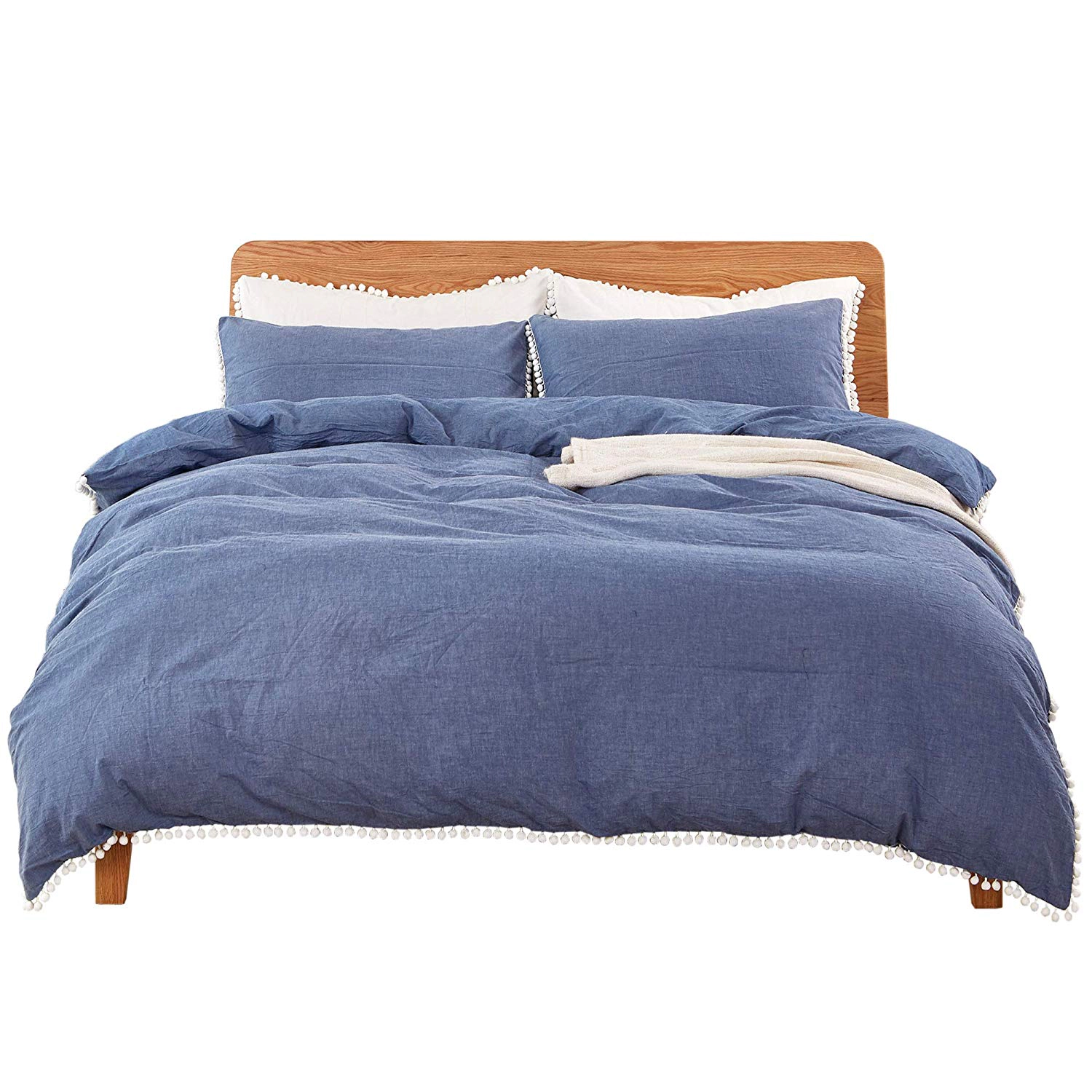 MarCielo 3 Pieces 100% Cotton Duvet Cover Set, Pompom Soft Breathable Bedding