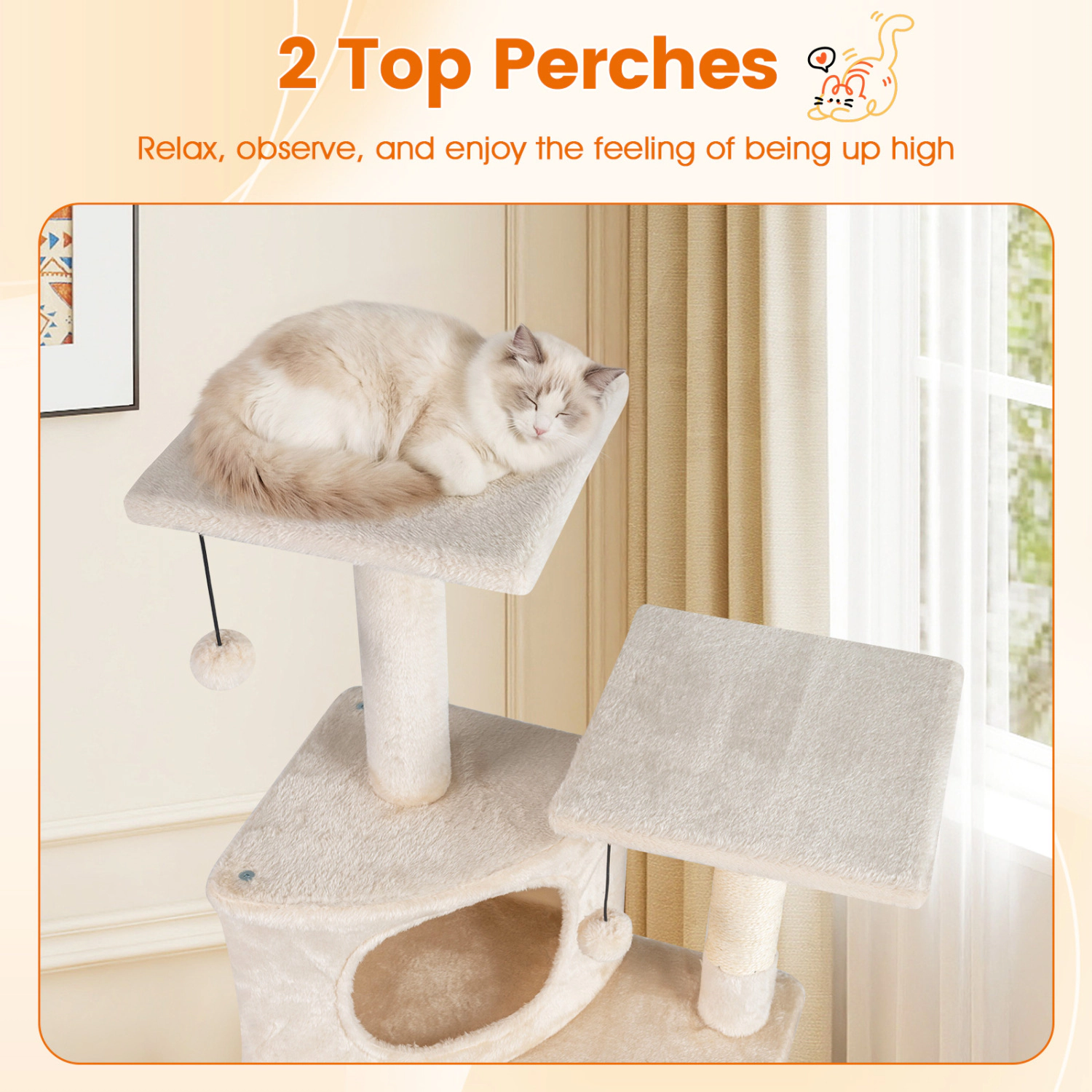 Glintex 44-Inch Kitten Tower with Central Condo Dual-Purpose Ramp and 2 Plush Perches