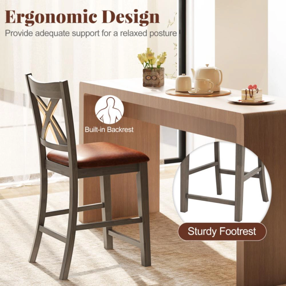 Hivvago Set of 2 Counter Bar Chairs with Cross Back Design and Faux Leather Cushioned Seats