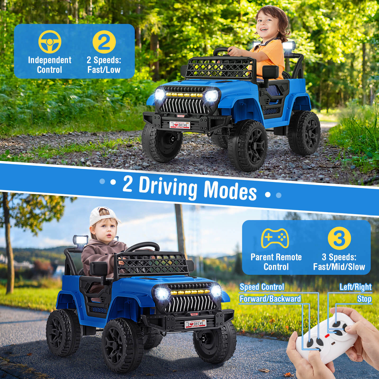 Costway 12V Kids Ride on Truck Car w/ Parental Remote 3 Speeds LED Lights & Music Player