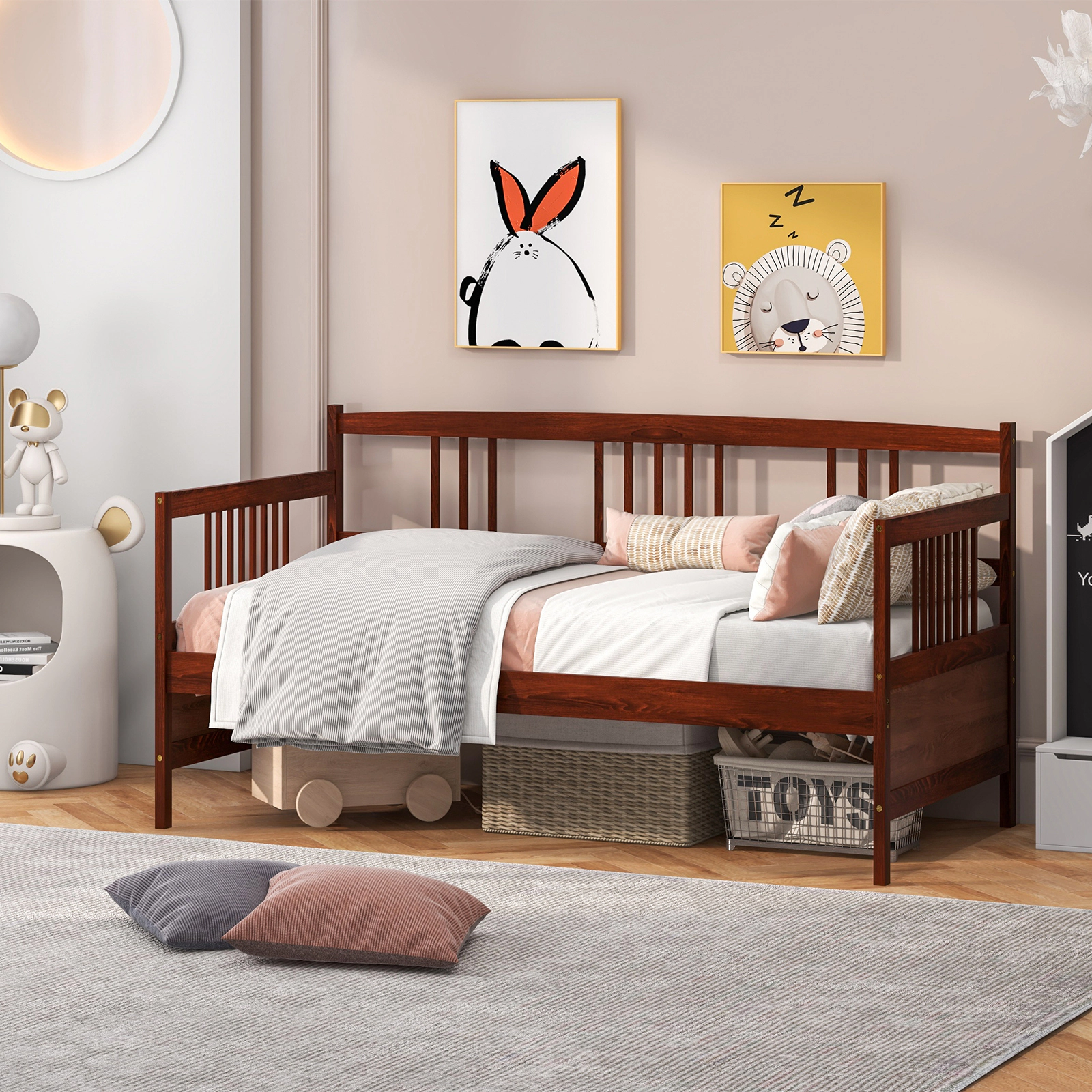 Twin Size Cherry Wood Daybed Frame with Back and Arm Rails Pine Sofa Bed with 10 Slats Fits Optional Pull-Out Trundle
