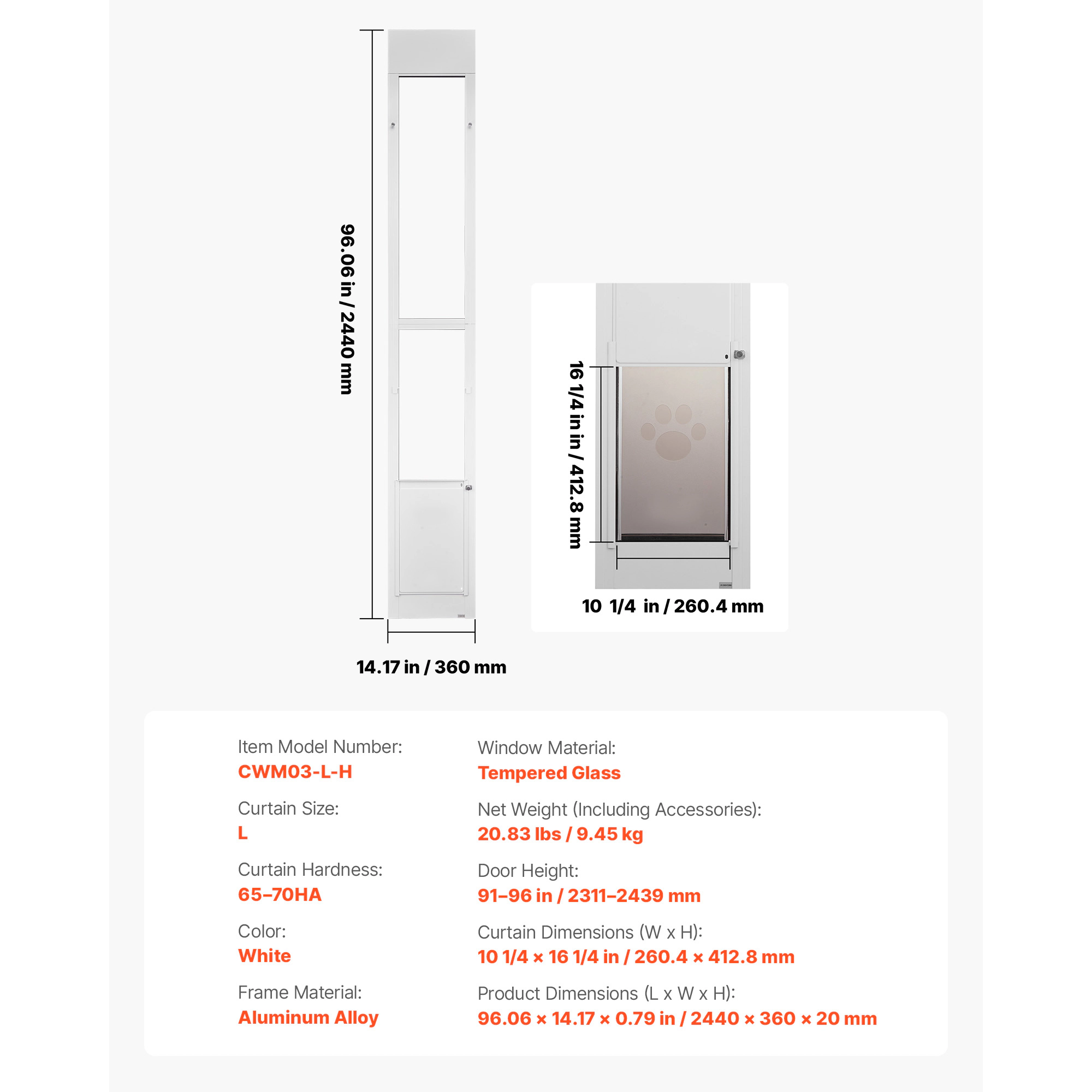 HONGGE Sliding Glass Door Dog Door for Medium Dogs, 91-96 Inch Height, 10 1/4 x 16 1/4 Inch Flap, White