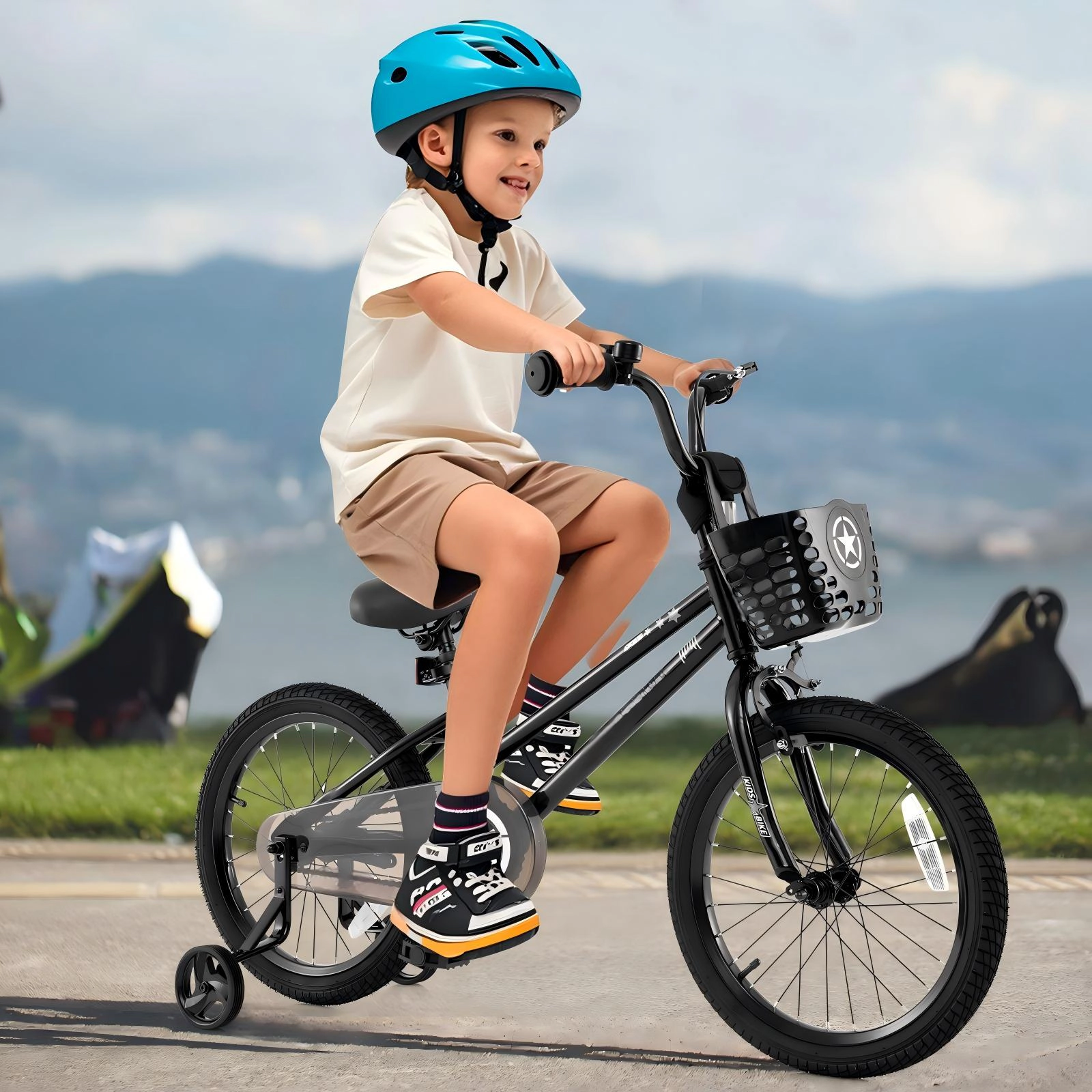 SUGIFT Dual-Brake 16-Inch Kids Bike with Basket and Training Wheels 145-lb Capacity Ages 4-7 Years Black