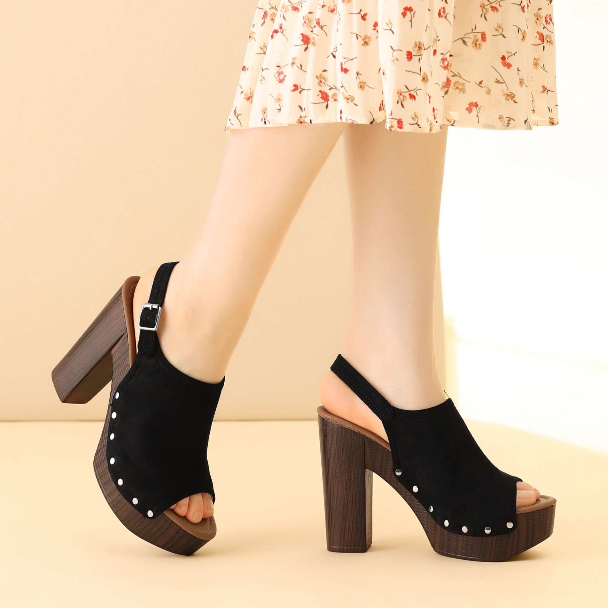 BLISSFUL STEP Women's Open Toe Slingback Platform Chunky High Heel Buckle Sandals