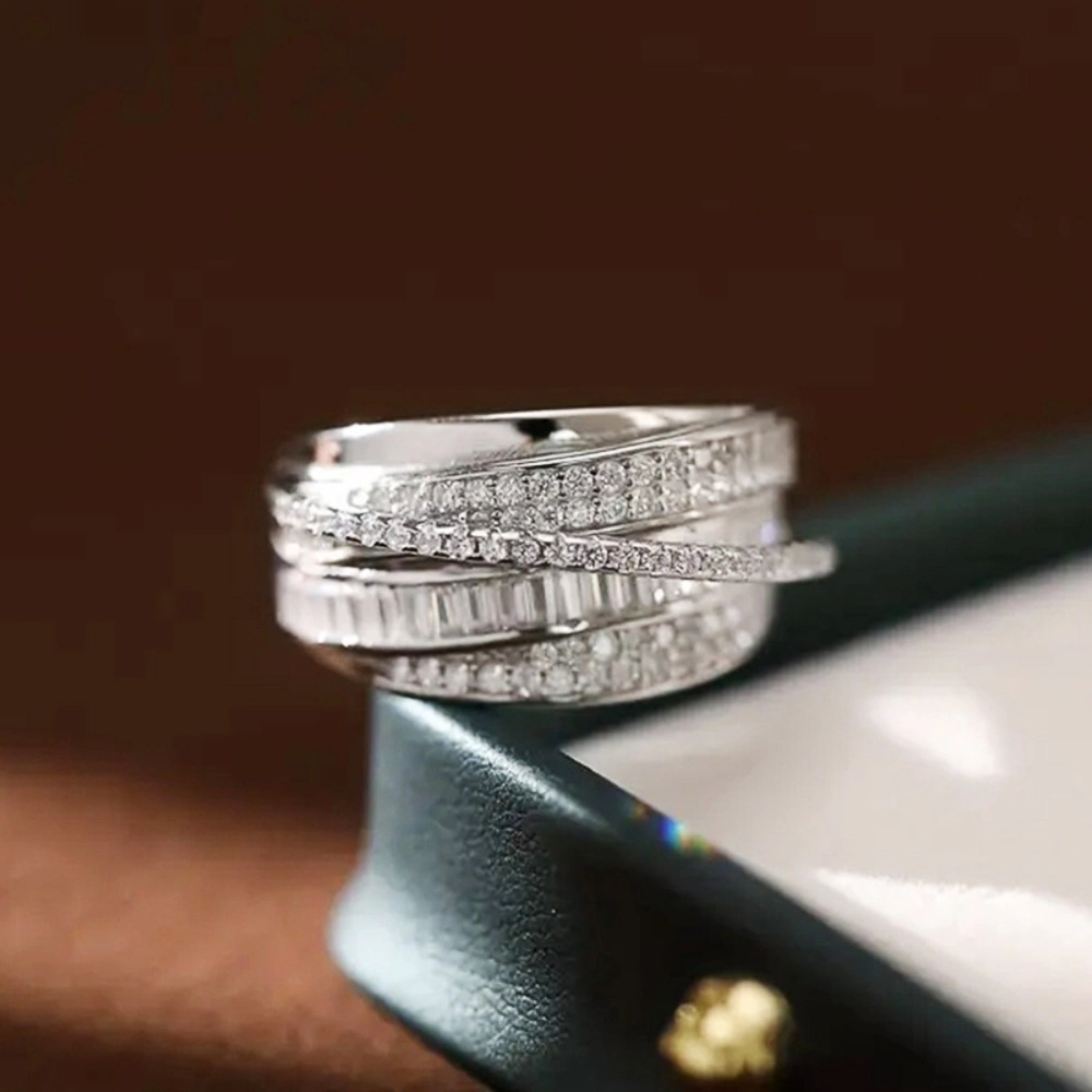 Women Multi-layers Cross Ring Luxury Multilayer Full Paved Zirconia Wide Ring