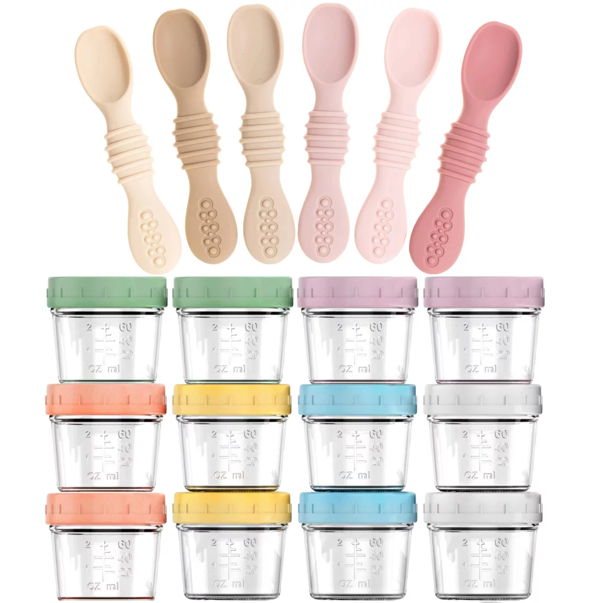 Sperric 12-Pack Glass Baby Food Storage Jars w/ Lids, 6-Pack Silicone Self-Feeding Spoons – BPA-Free Leakproof