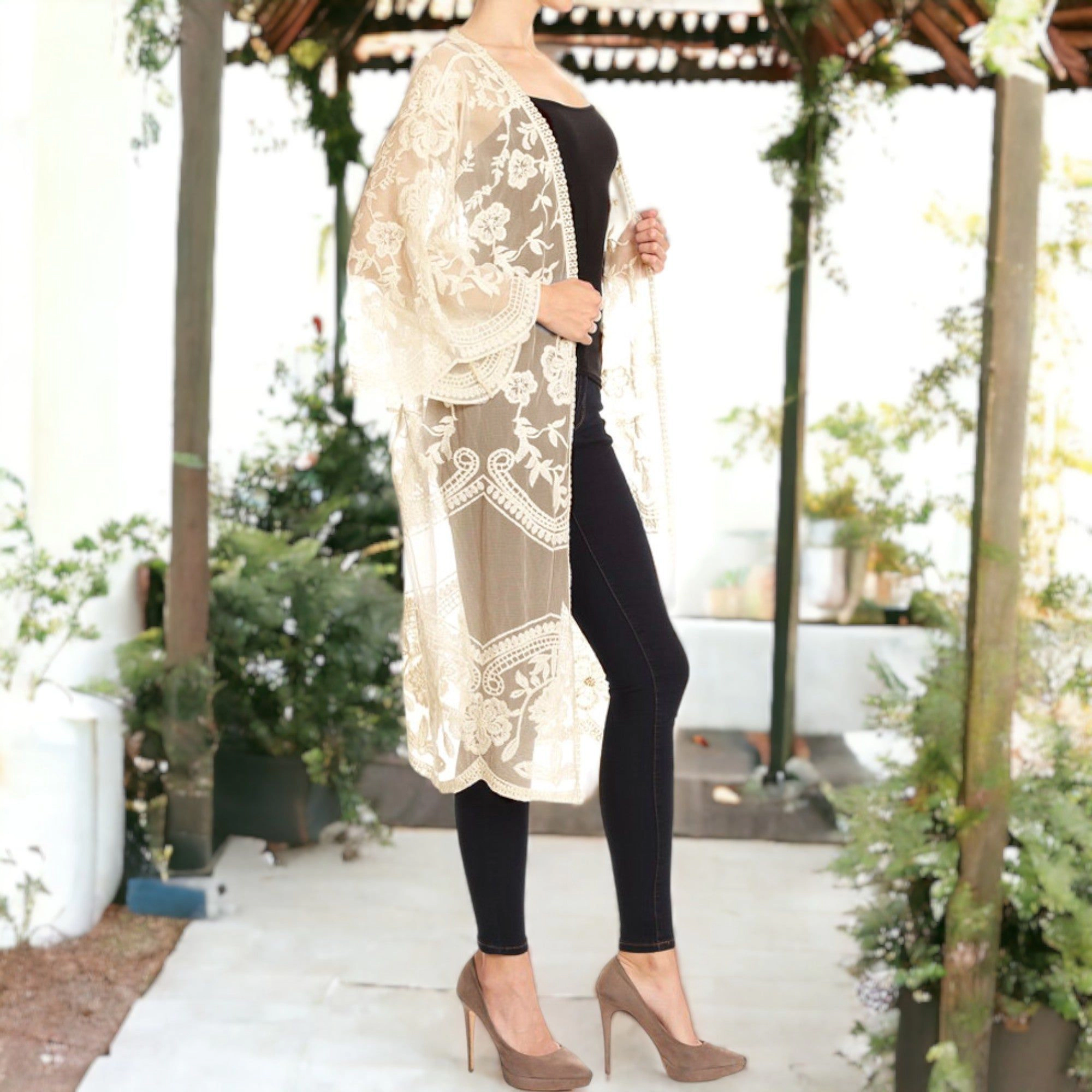 Anna-Kaci Women's Embroidered Floral Butterfly Crochet Drop Shoulder Cardigan