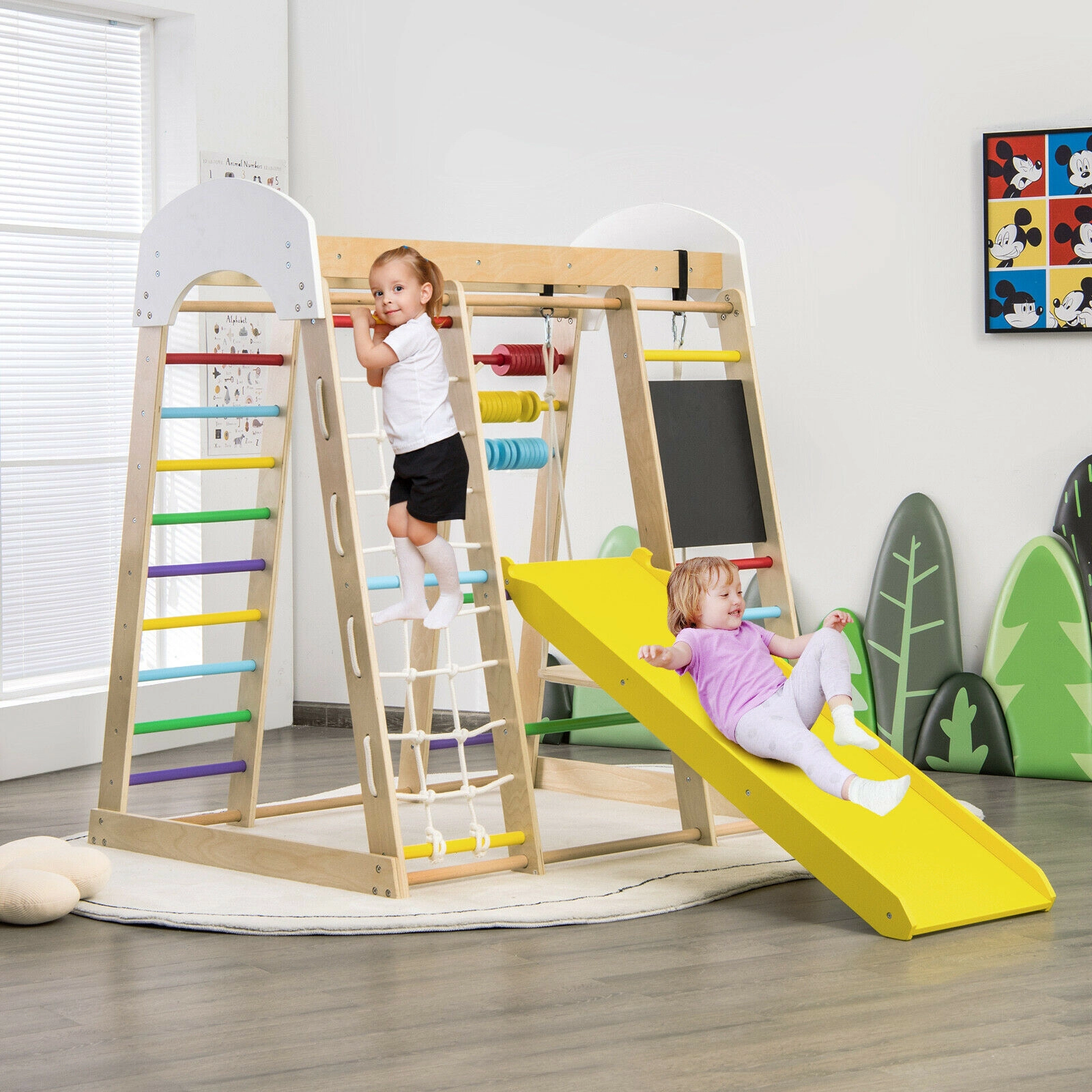 8-in-1 Wooden Indoor Climbing Gym Playset 54.5-in Tall Reversible Slide Odorless Finish 110-lb Per Part Ages 3+