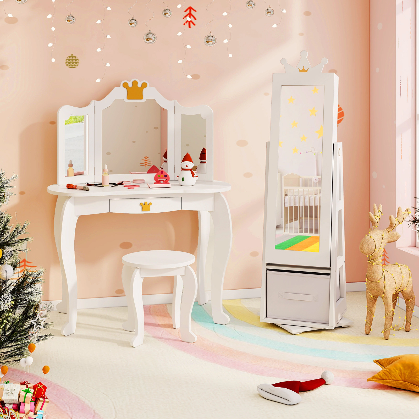 SUGIFT 46-in White Kids Jewelry Armoire with Full-Length Mirror and Swivel Cabinet for Bedroom Playroom