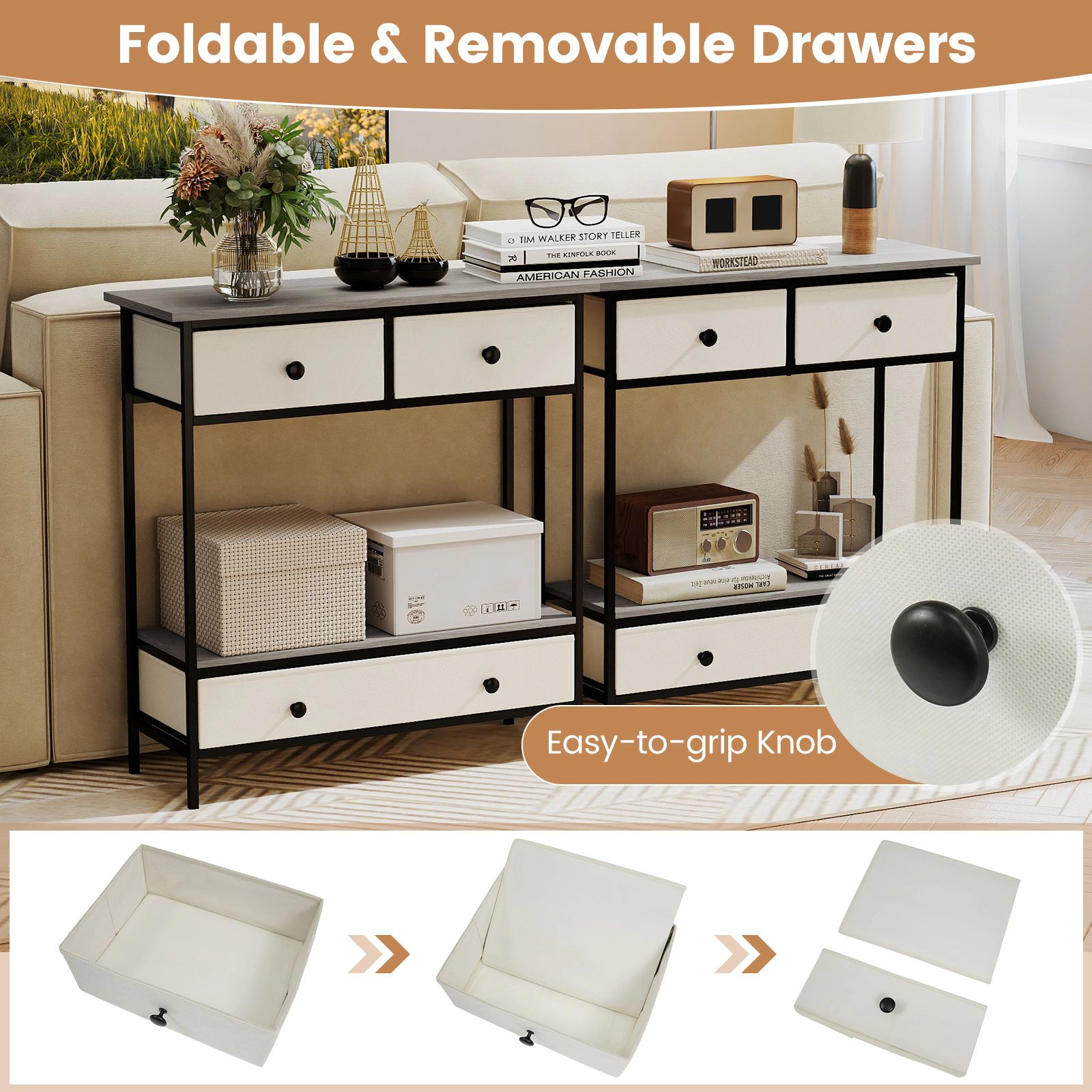 SlickBlue Farmhouse Console Table with 3 Fabric Drawers Storage