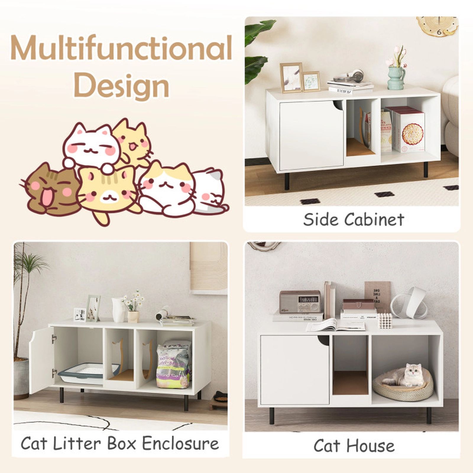 SUGIFT 40 x 22-in White Large 2-Cat Hidden Cat Washroom Litter Box Cabinet with Winding Entry and Open Bay