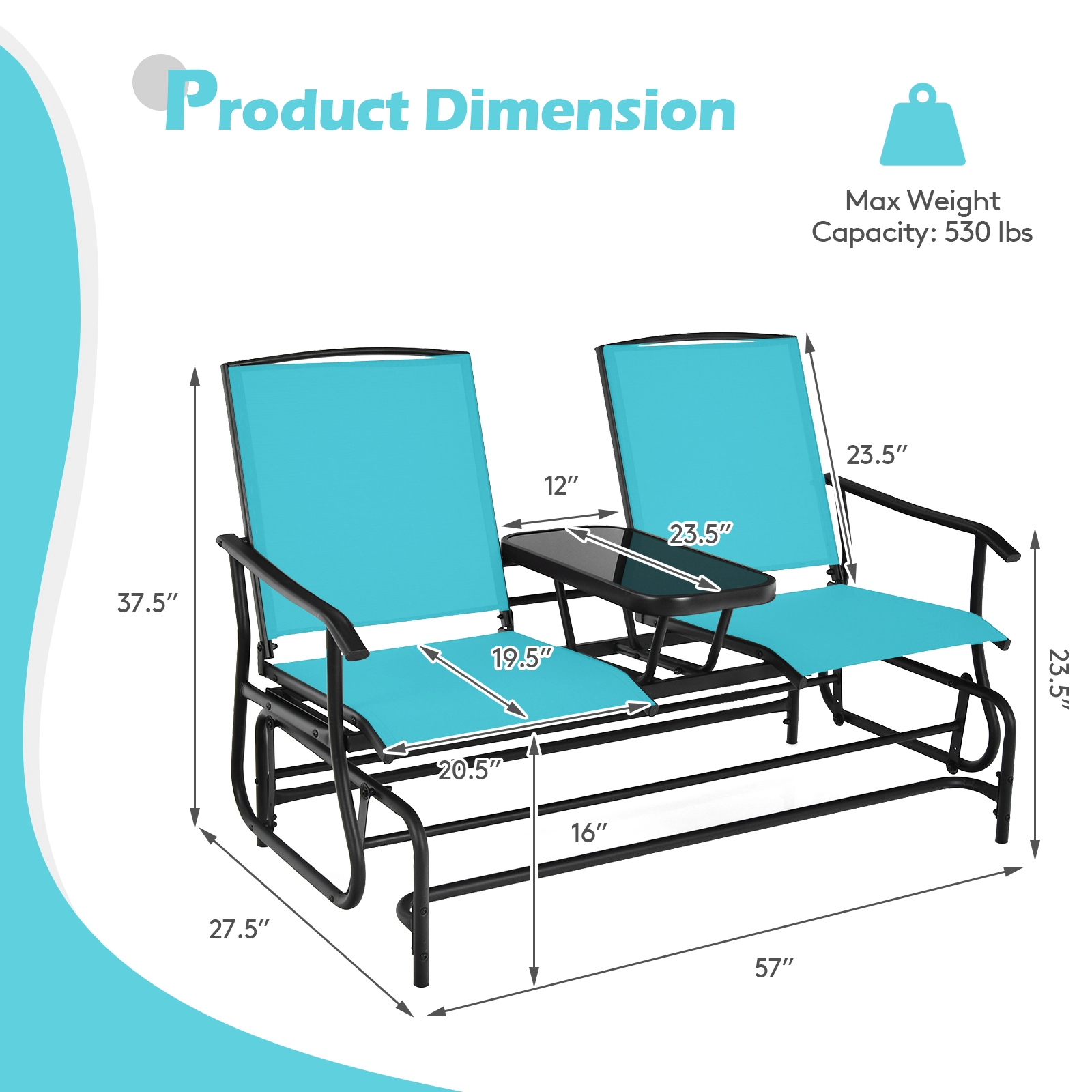SUGIFT 2-Person Rocking Conversation Loveseat with Mesh Fabric and Center Tempered Glass Table 530-lb Capacity Turquoise