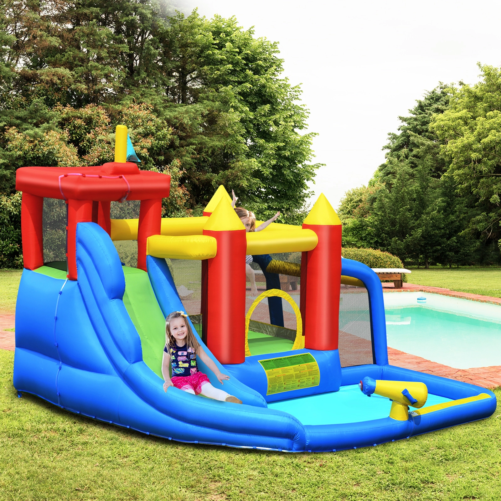 SUGIFT 11.4-ft Inflatable Bounce House with Water Slide Splash Pool and 740W Blower Included for Backyard