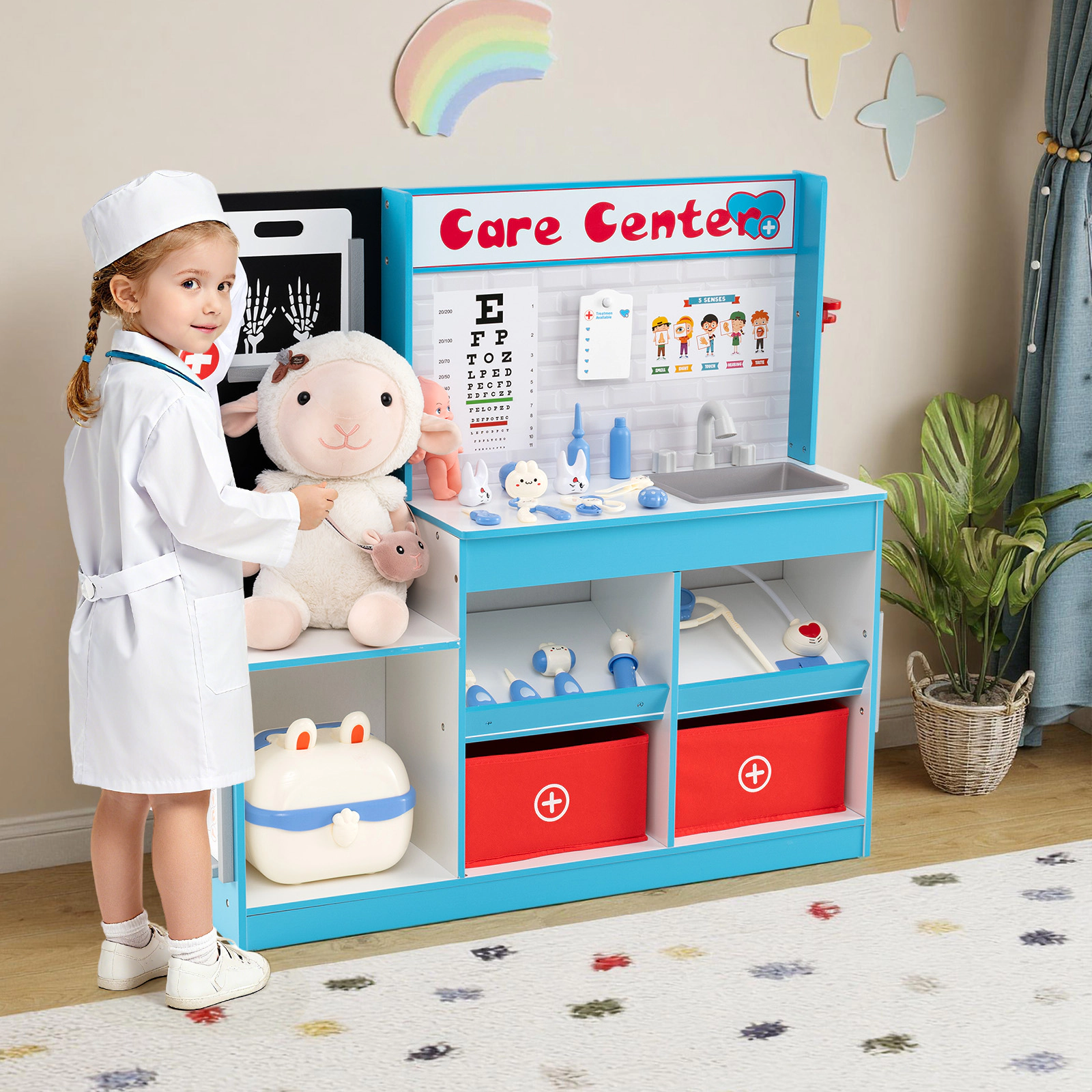 Wooden Doctor Playset X-Ray Film ECG Monitor Eye Chart 33.5-in Kids Medical Toy Set 29-pc Carrying Case Ages 3-6 Blue