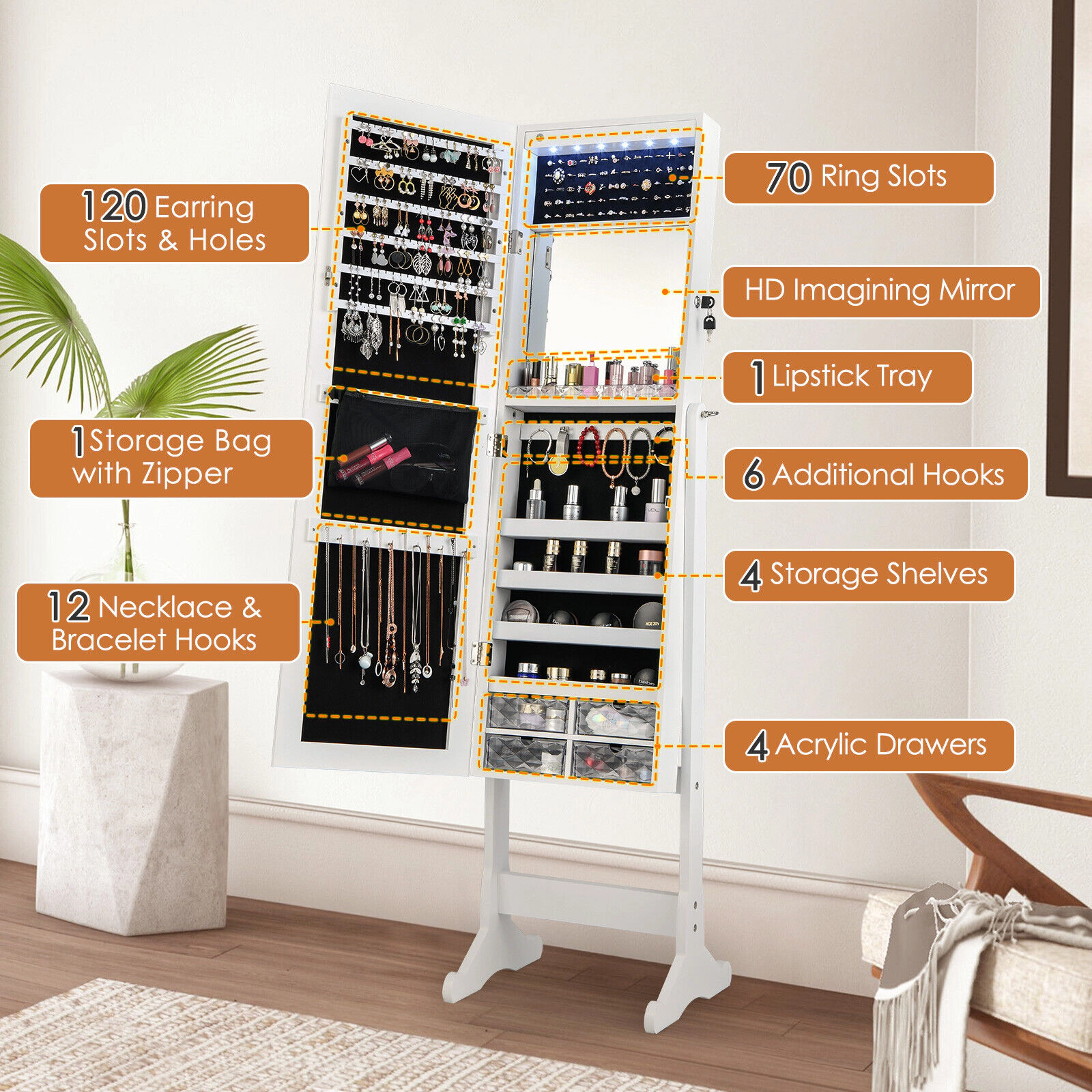 SUGIFT White Free Standing Full-Length Jewelry Armoire with LED Lights 4-Level Tilt and Lockable Mirror