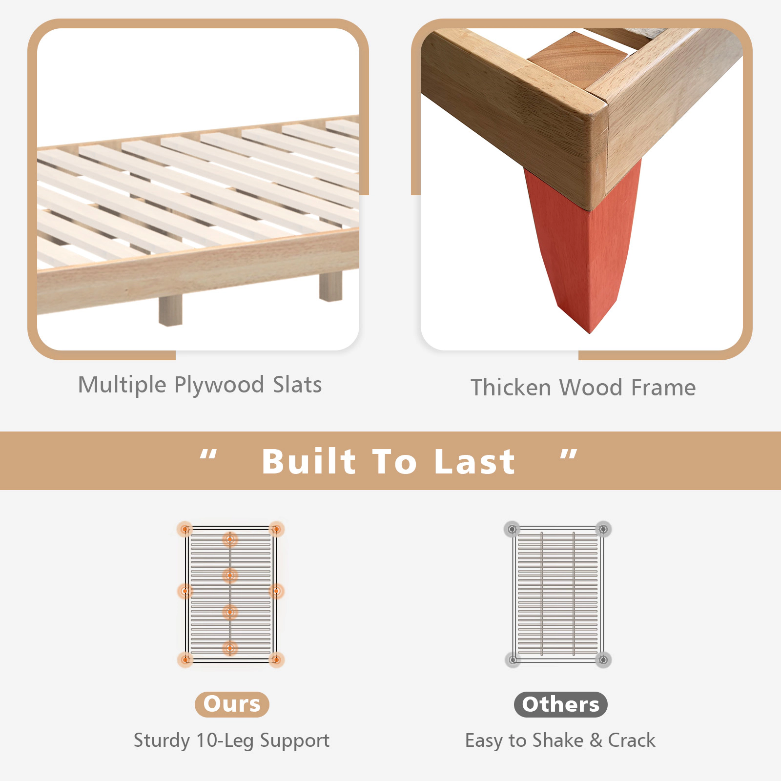 SUGIFT 14-in Full Size Wood Platform Bed Frame Wood Slat Support 500-lb Capacity 74.5-in Long Rubber Wood Poplar Wood