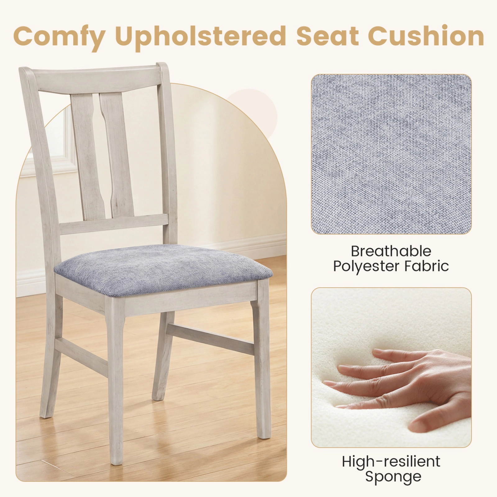 SUGIFT Set of 2 Wooden Upholstered Dining Chairs High Curved 20-in Back 330-lb Capacity Gray & White Rubber Wood Frame