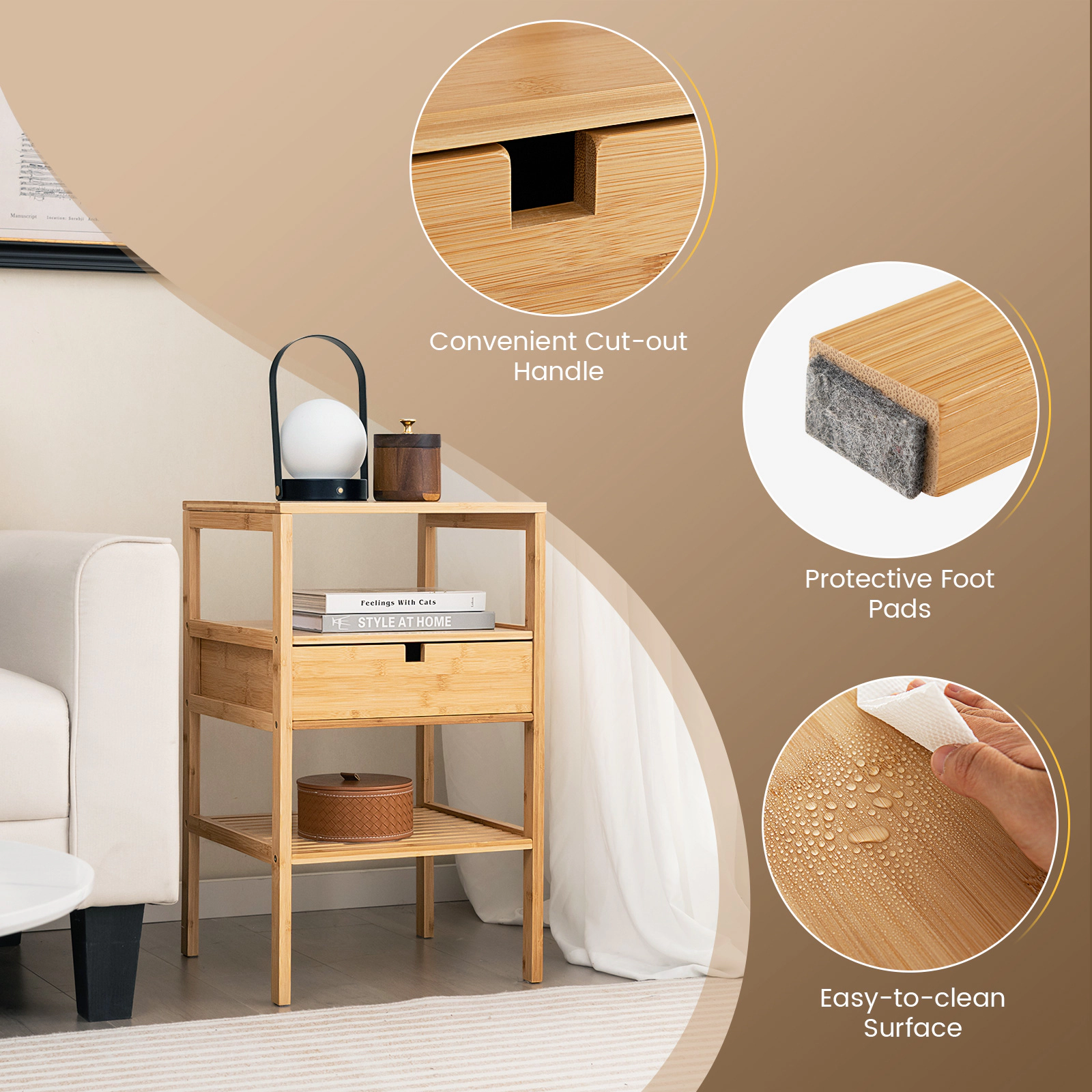 Glintex Bamboo Nightstand with Slatted Ventilated Shelves and Cut-Out Handle Drawer, Natural